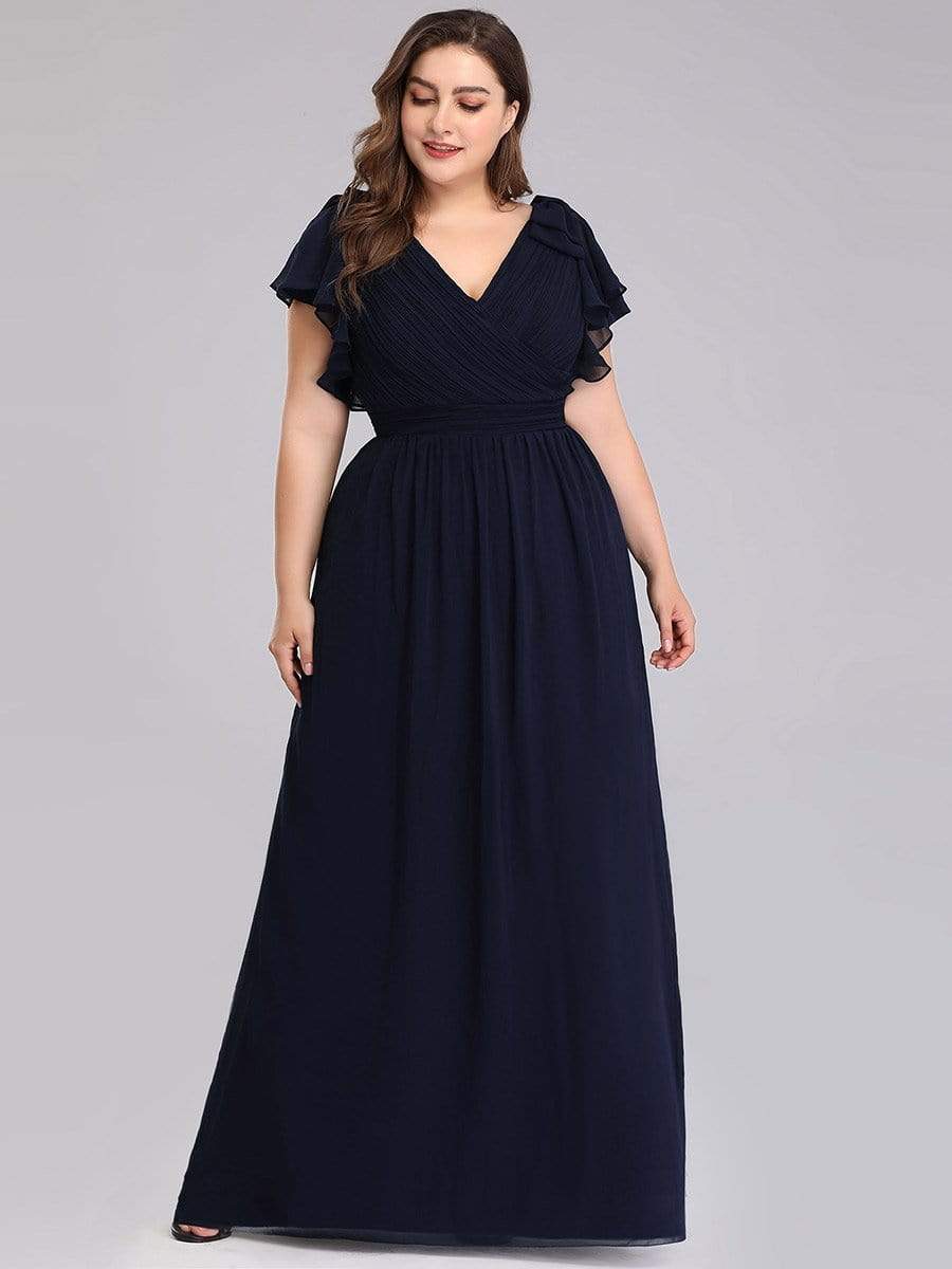 Color=Navy Blue | Plus Size Ruffles Sleeves Evening Dress-Navy Blue 4