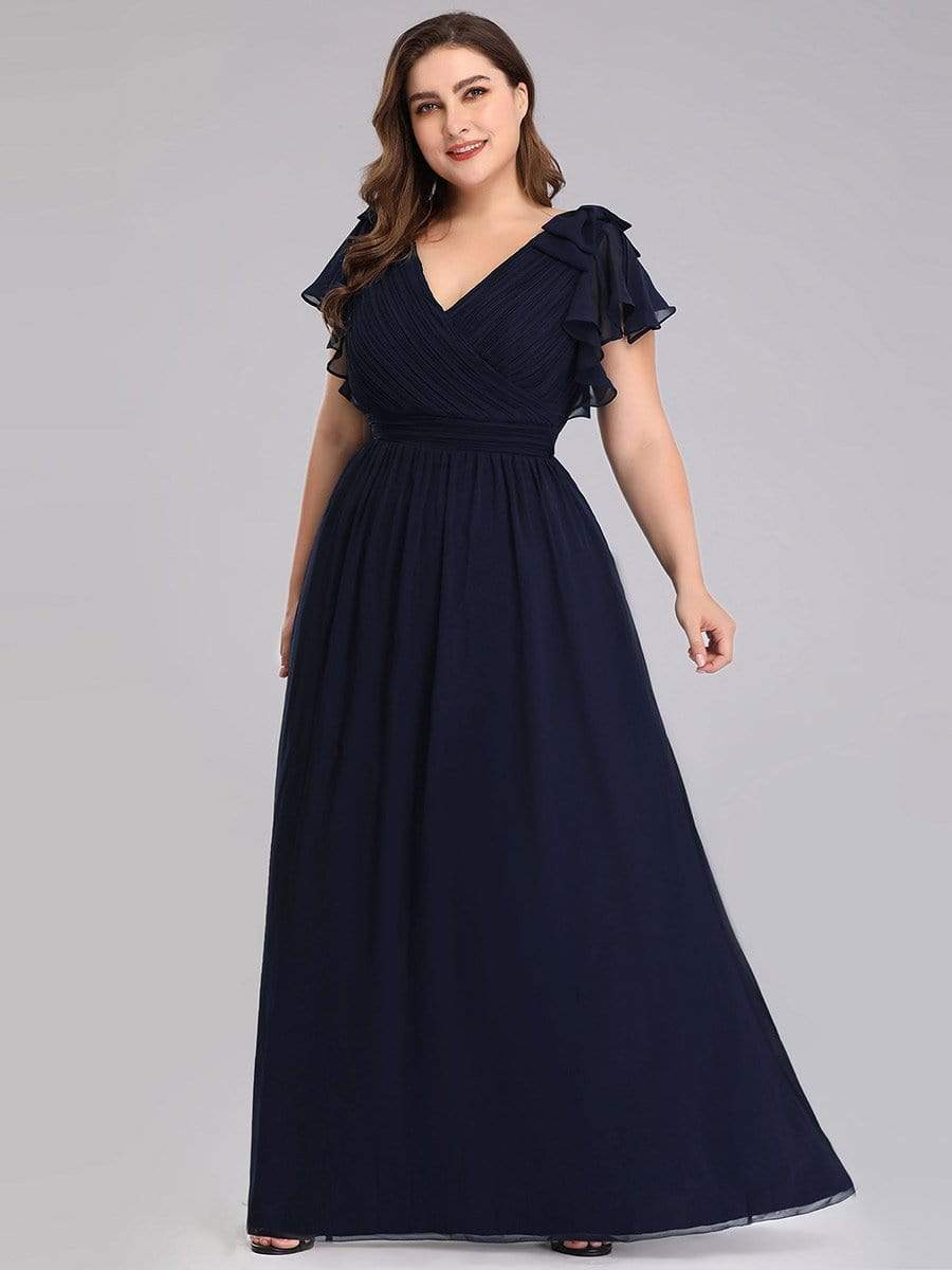 Color=Navy Blue | Plus Size Ruffles Sleeves Evening Dress-Navy Blue 1