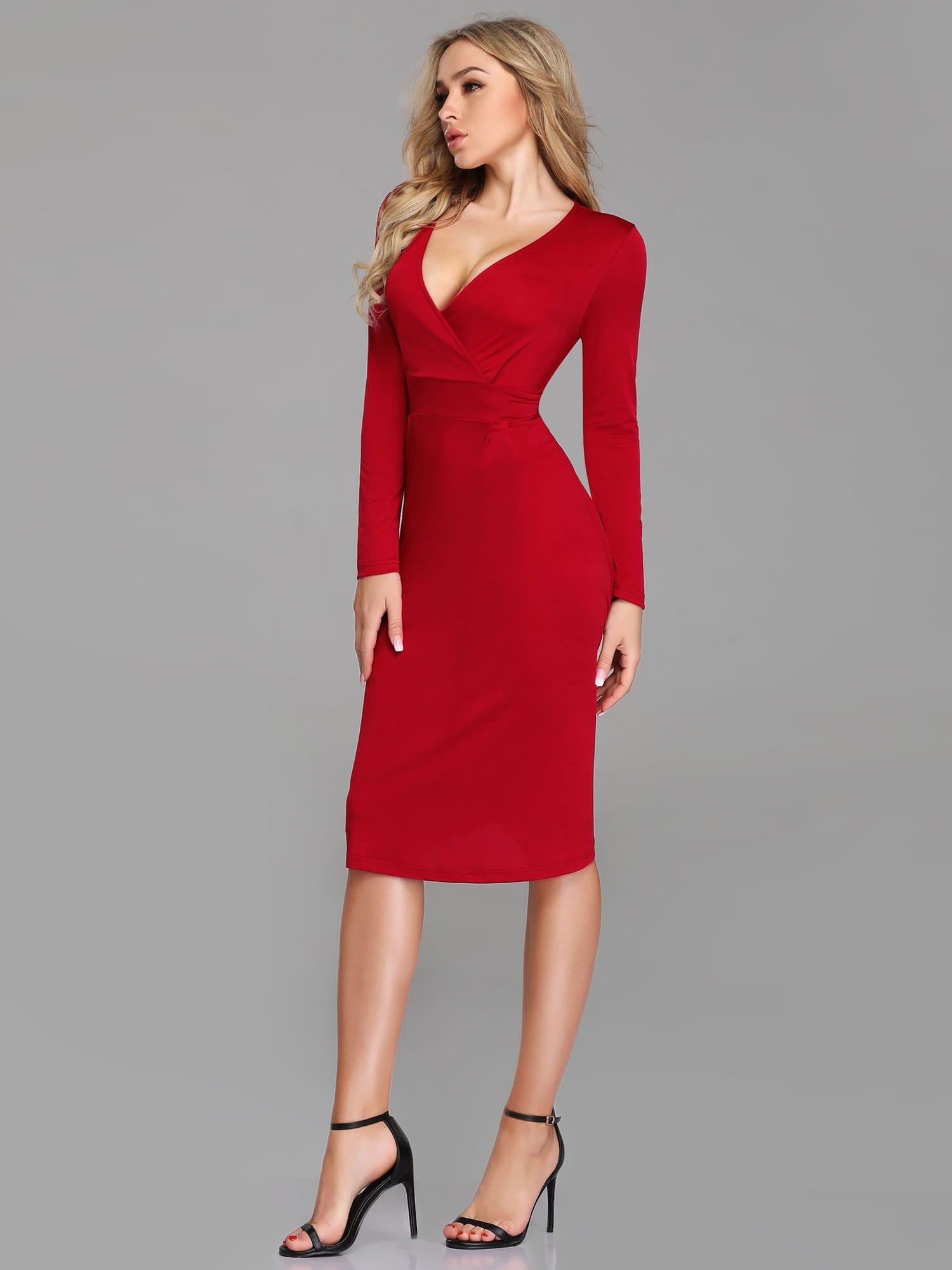 Color=Burgundy | Sexy Deep V Neck Cocktail Party Dress With Long Sleeve-Burgundy 2