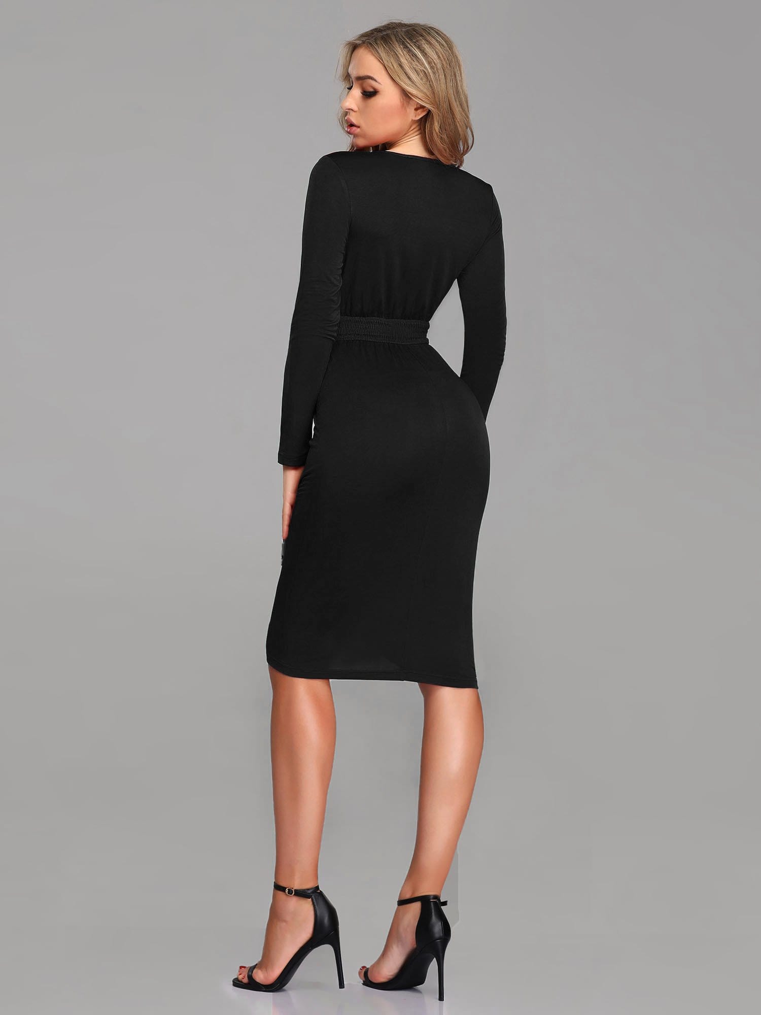 Color=Black | Sexy Deep V Neck Cocktail Party Dress With Long Sleeve-Black 4
