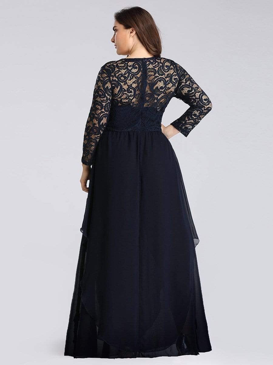 Color=Navy Blue | Round Neck Floor Length Dress With 3/4 Sleeve-Navy Blue 7