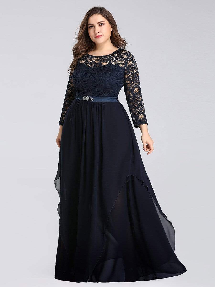 Color=Navy Blue | Round Neck Floor Length Dress With 3/4 Sleeve-Navy Blue 8