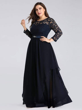 Color=Navy Blue | Round Neck Floor Length Dress With 3/4 Sleeve-Navy Blue 9