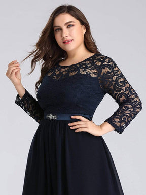 Color=Navy Blue | Round Neck Floor Length Dress With 3/4 Sleeve-Navy Blue 10