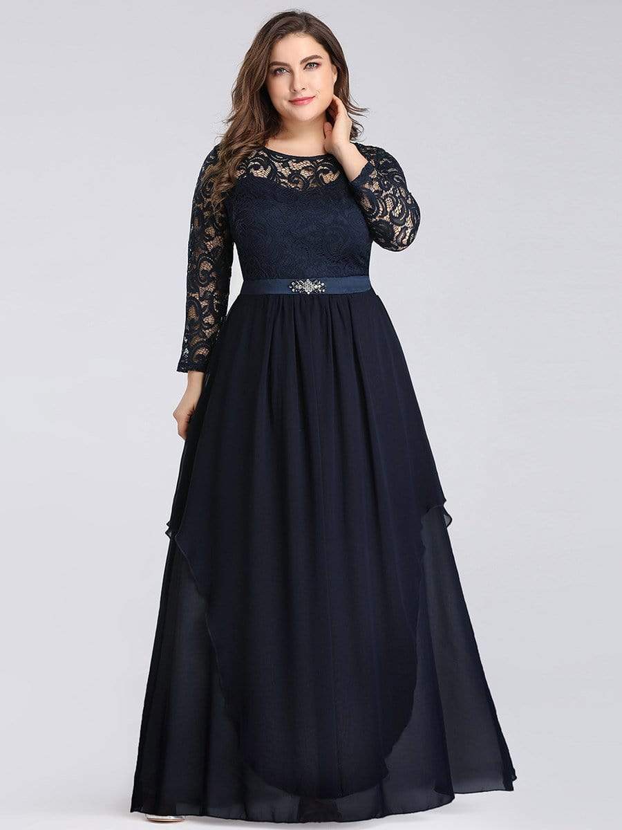 Color=Navy Blue | Round Neck Floor Length Dress With 3/4 Sleeve-Navy Blue 6
