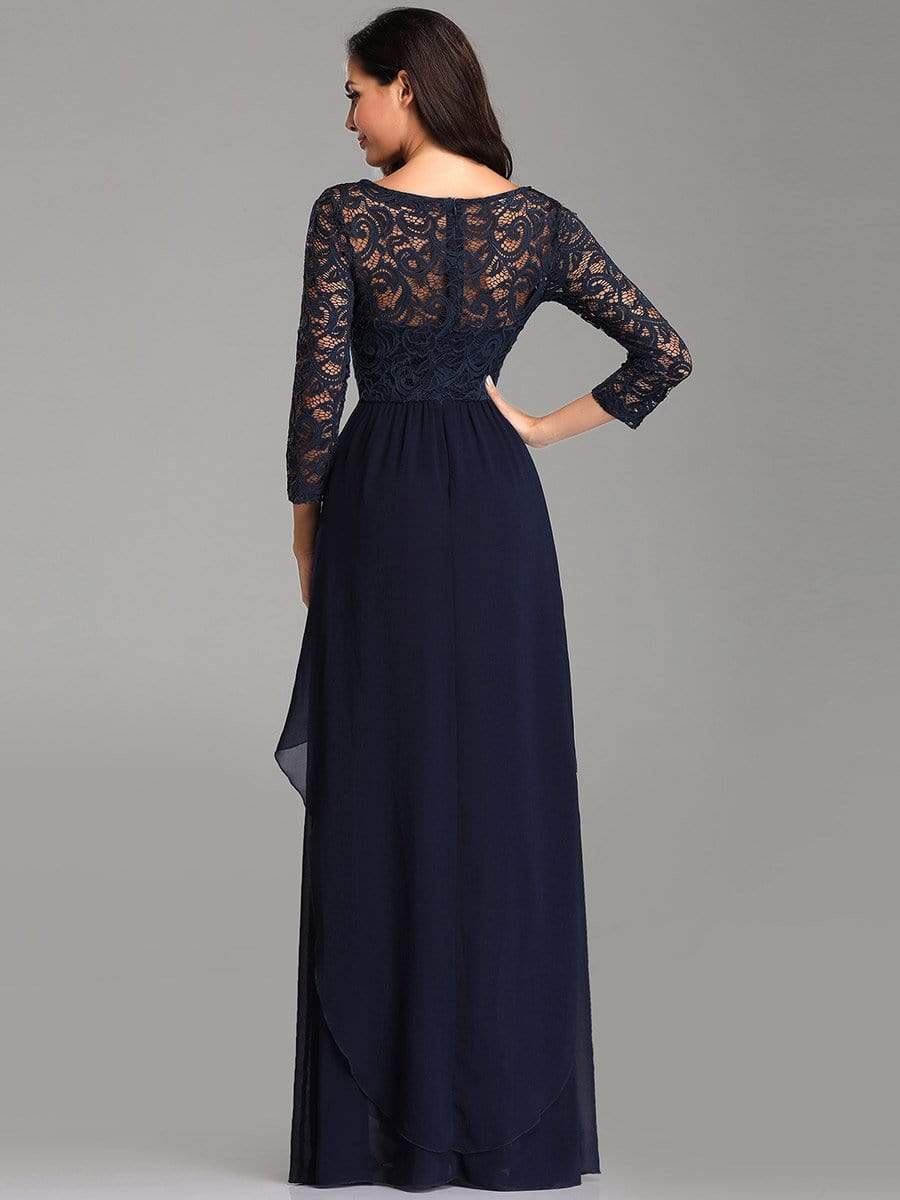Color=Navy Blue | Round Neck Floor Length Dress With 3/4 Sleeve-Navy Blue 2