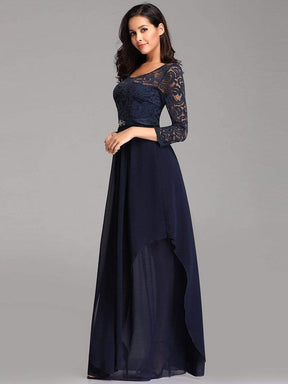 Color=Navy Blue | Round Neck Floor Length Dress With 3/4 Sleeve-Navy Blue 3
