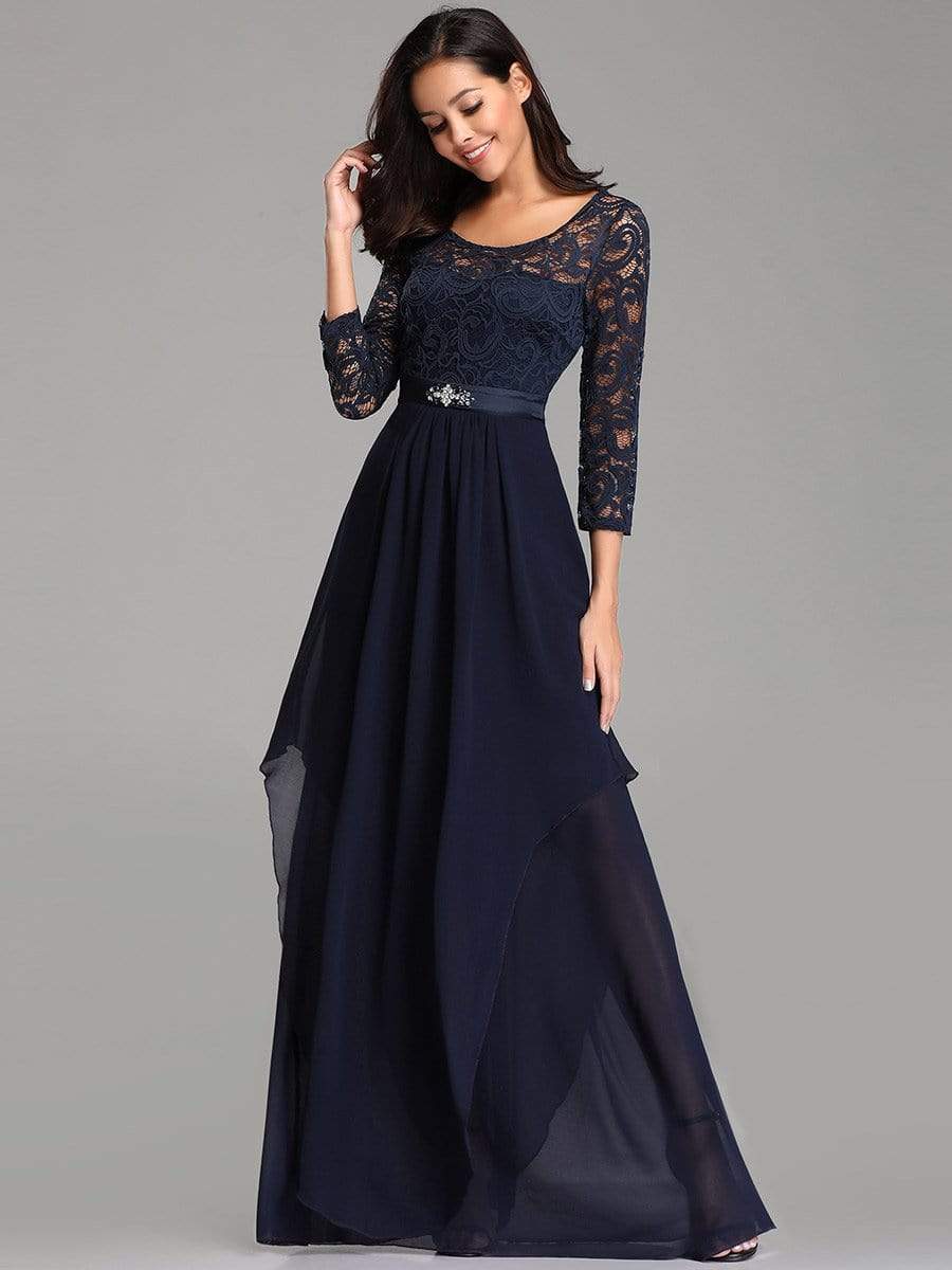 Color=Navy Blue | Round Neck Floor Length Dress With 3/4 Sleeve-Navy Blue 4