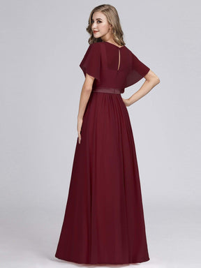 Color=Burgundy | Long Flowy Evening Dress With V Neck-Burgundy 2