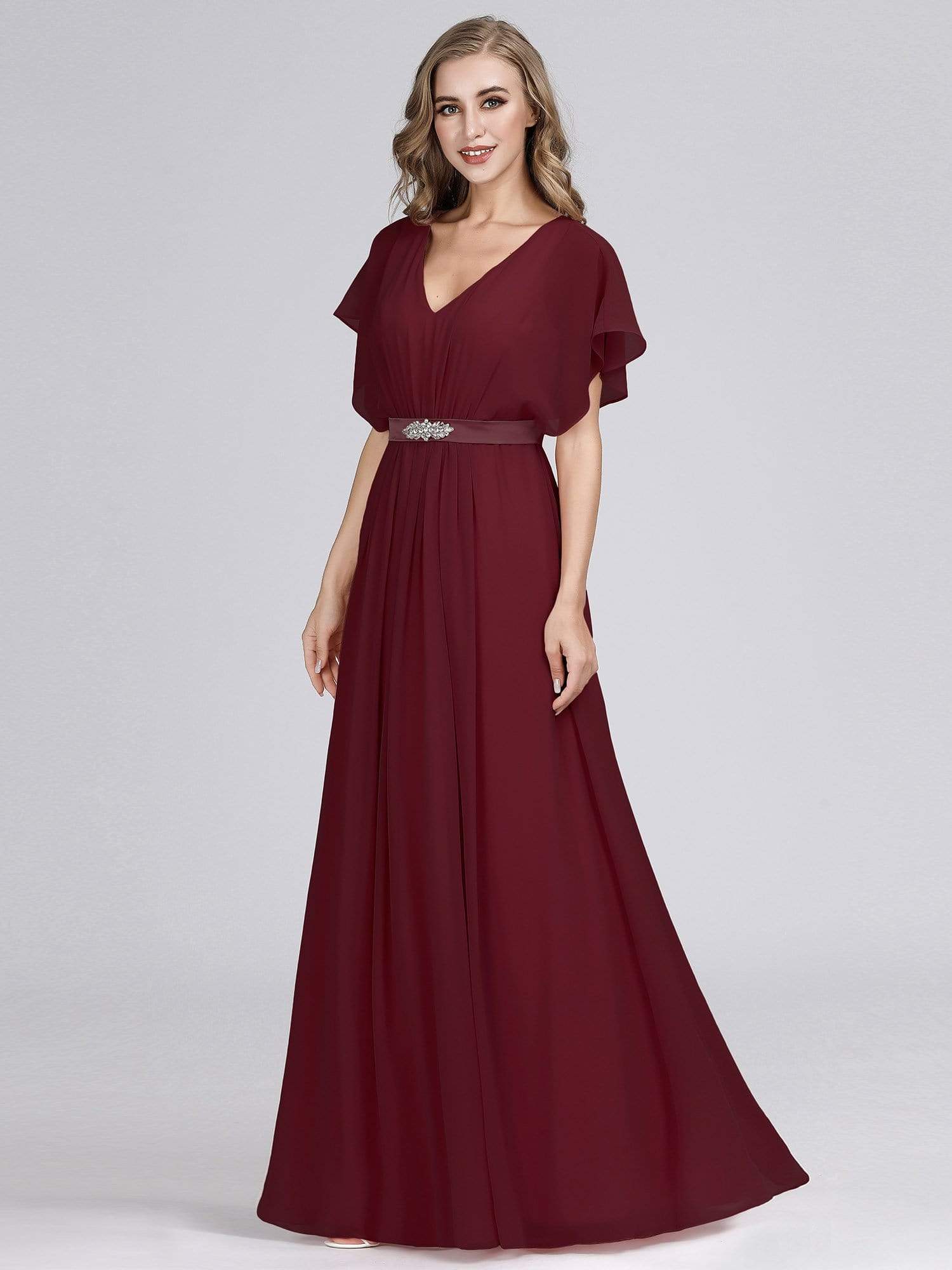 Color=Burgundy | Long Flowy Evening Dress With V Neck-Burgundy 3