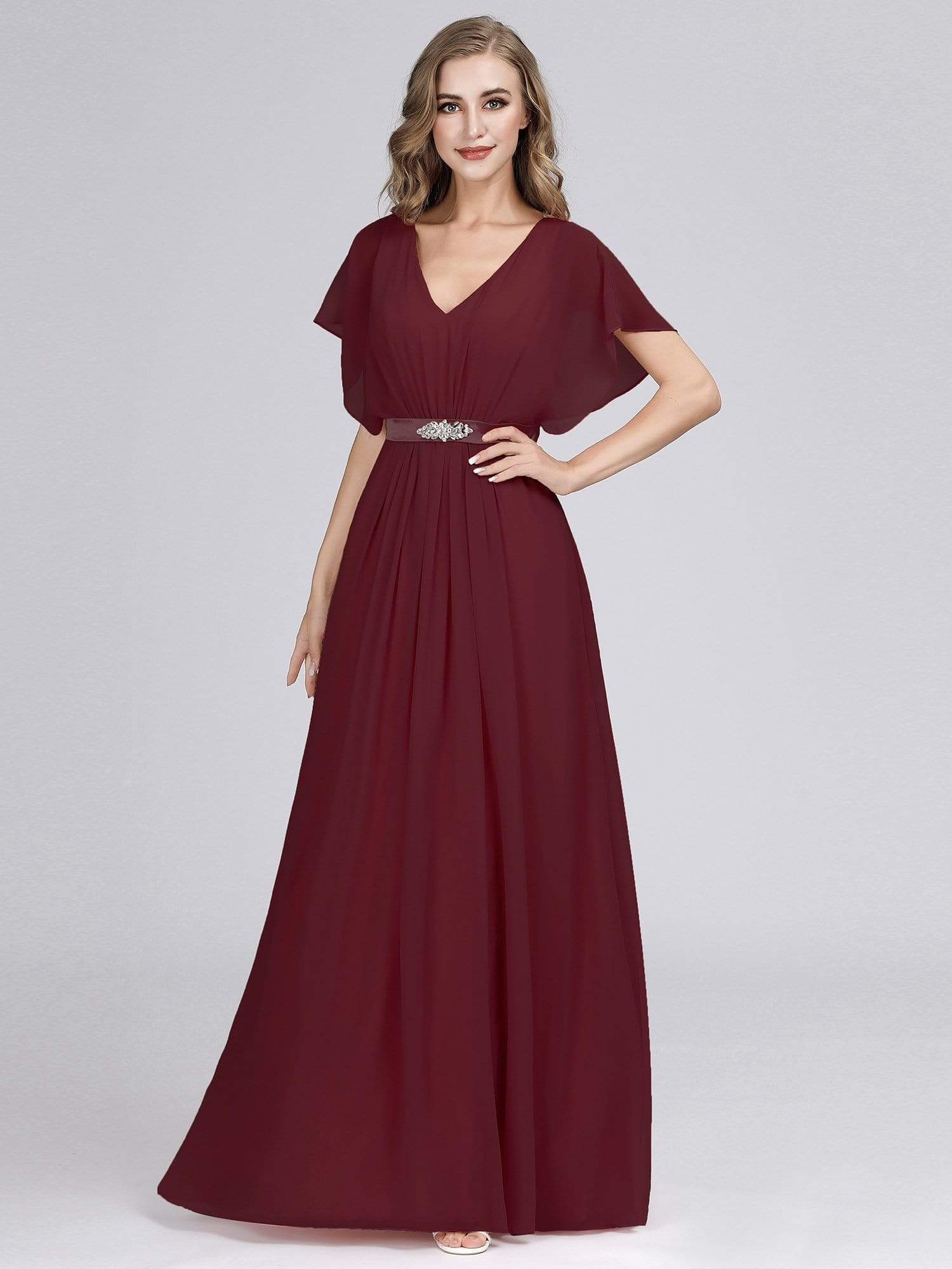 Color=Burgundy | Long Flowy Evening Dress With V Neck-Burgundy 4