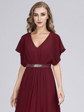 Color=Burgundy | Long Flowy Evening Dress With V Neck-Burgundy 5