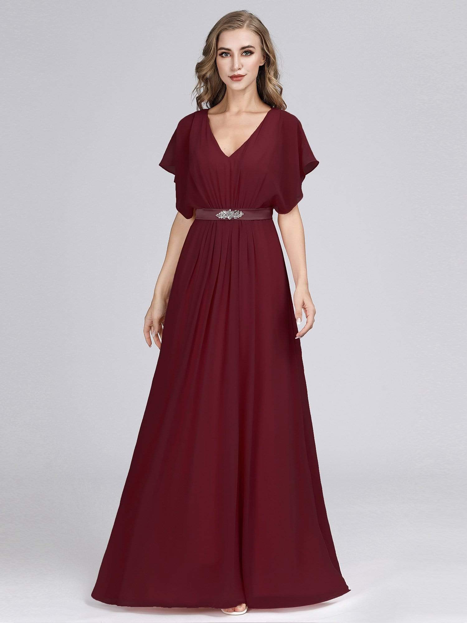 Color=Burgundy | Long Flowy Evening Dress With V Neck-Burgundy 1