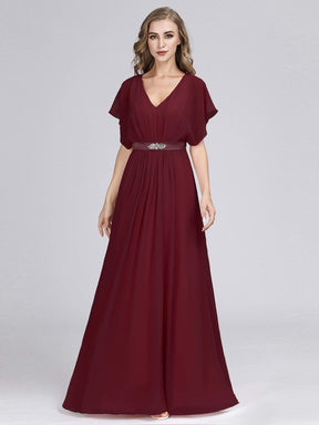 Color=Burgundy | Plus Size Long Flowy Evening Dress With V Neck-Burgundy 6