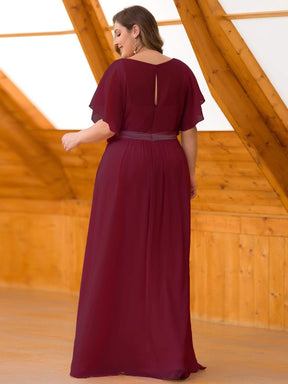Color=Burgundy | Long Flowy Evening Dress With V Neck-Burgundy 7
