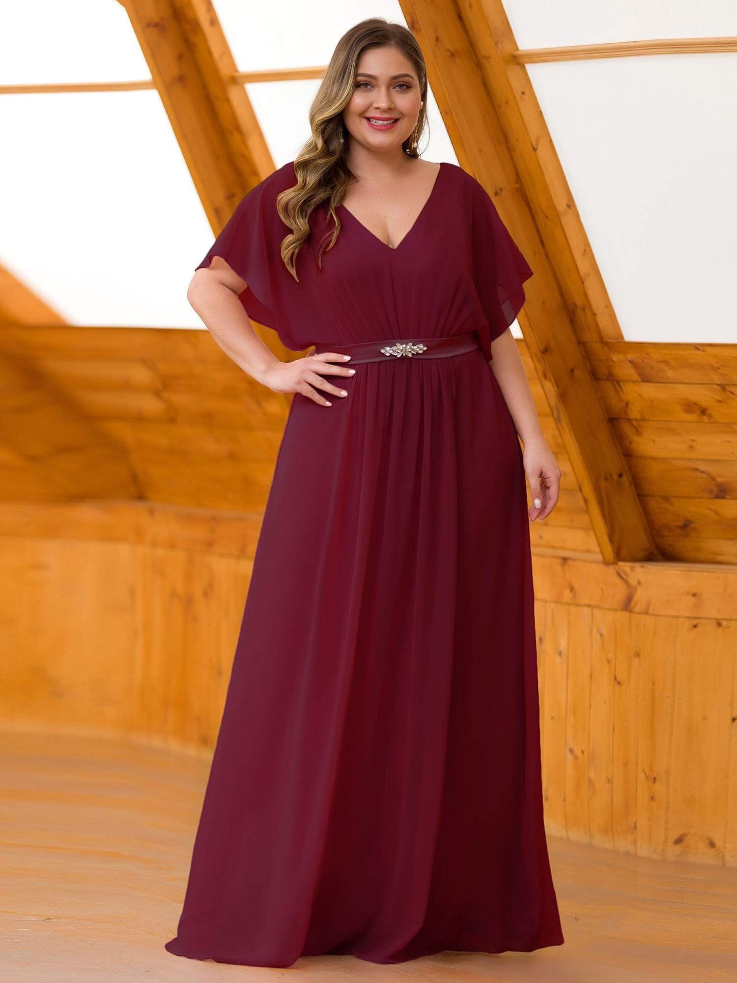 Color=Burgundy | Long Flowy Evening Dress With V Neck-Burgundy 8