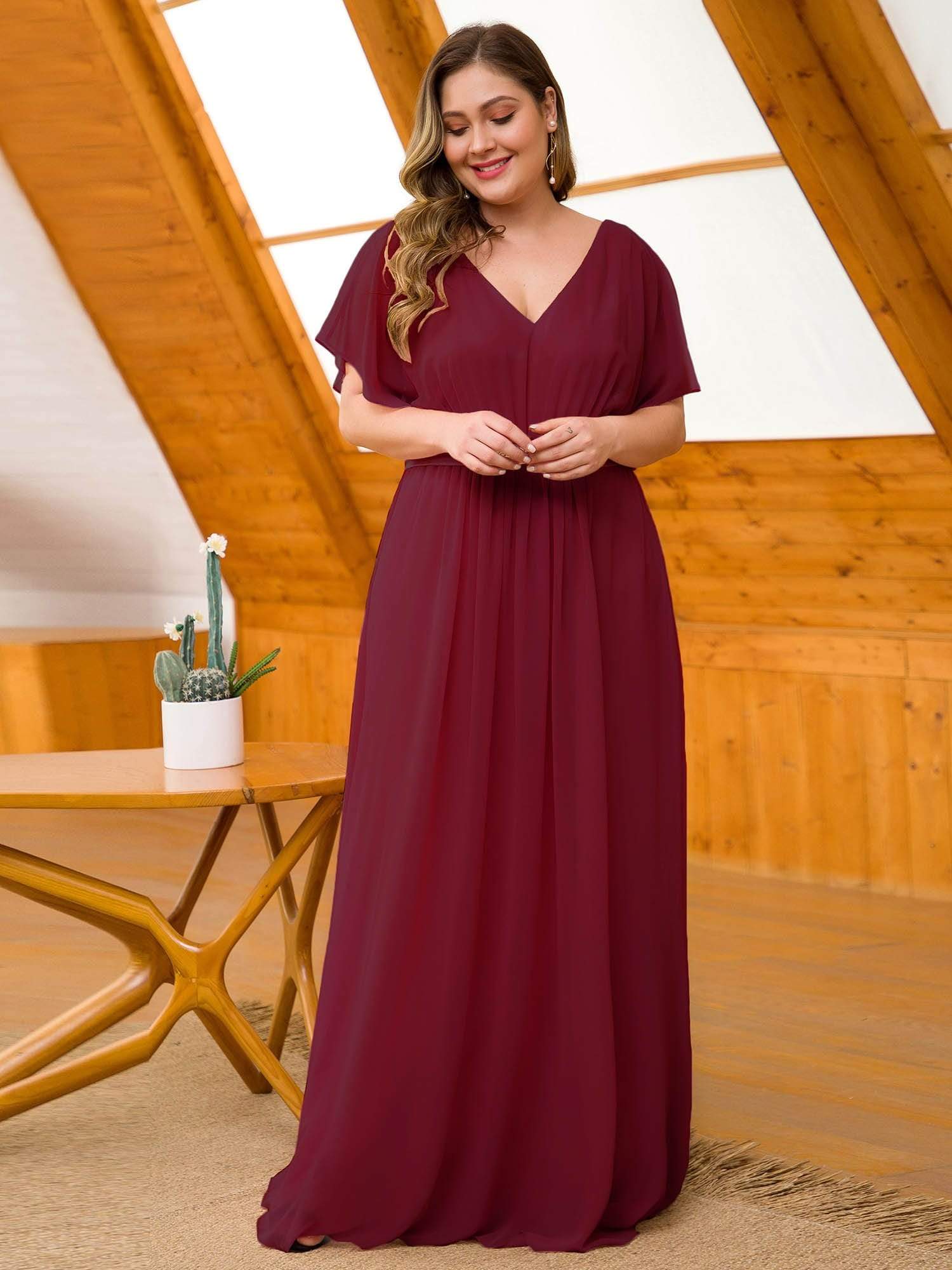 Color=Burgundy | Long Flowy Evening Dress With V Neck-Burgundy 9