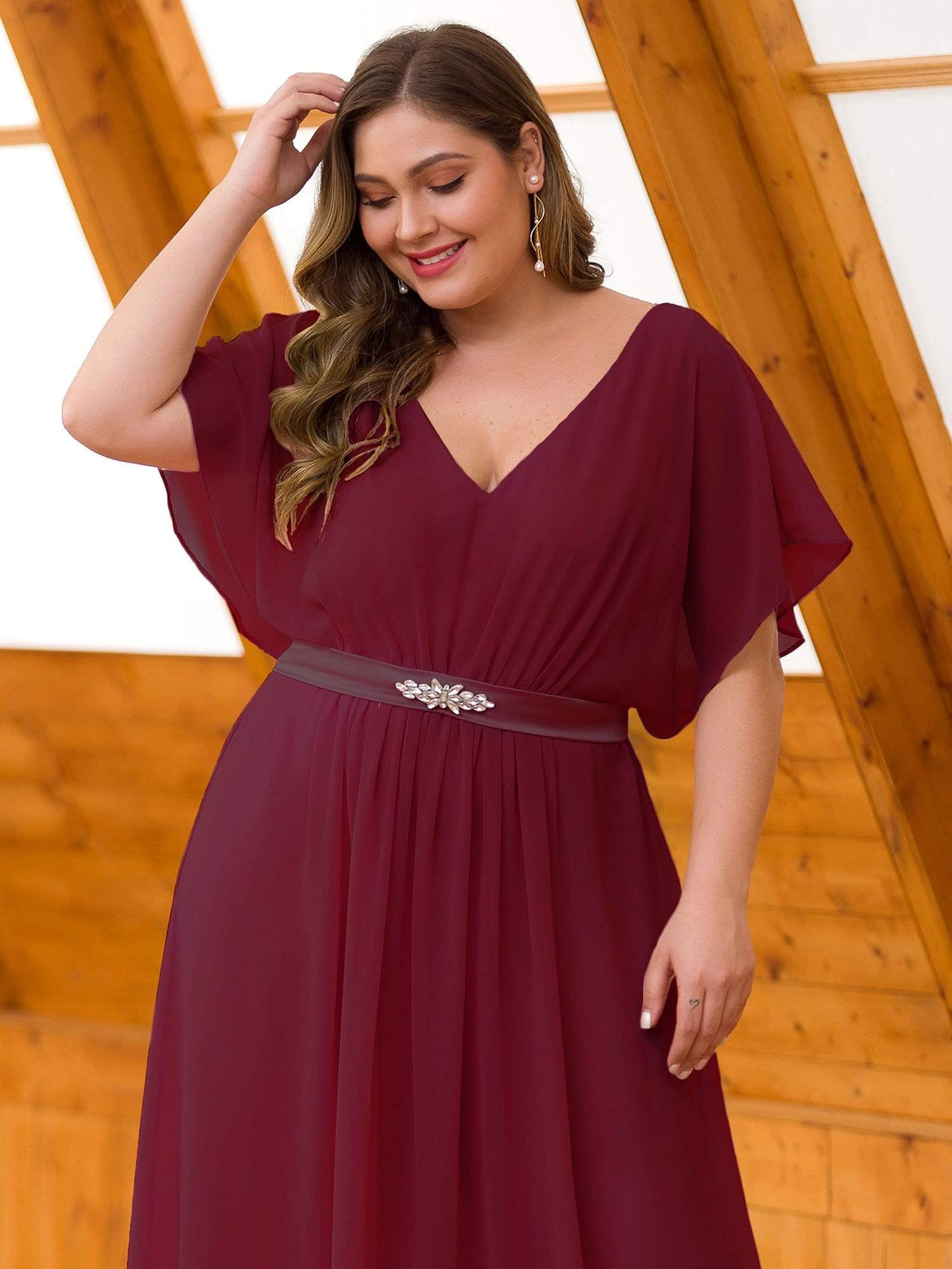 Color=Burgundy | Long Flowy Evening Dress With V Neck-Burgundy 10