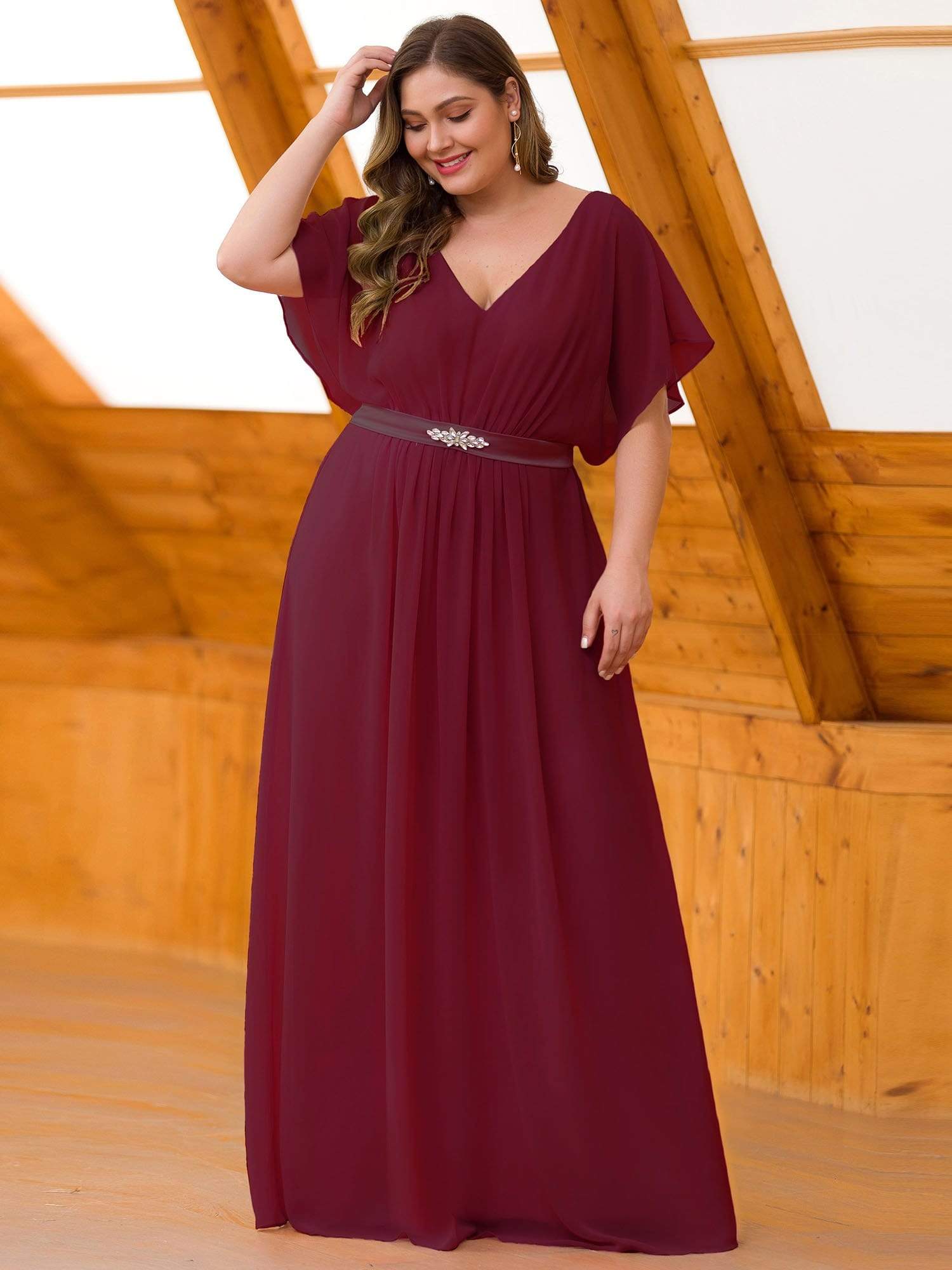 Color=Burgundy | Long Flowy Evening Dress With V Neck-Burgundy 6