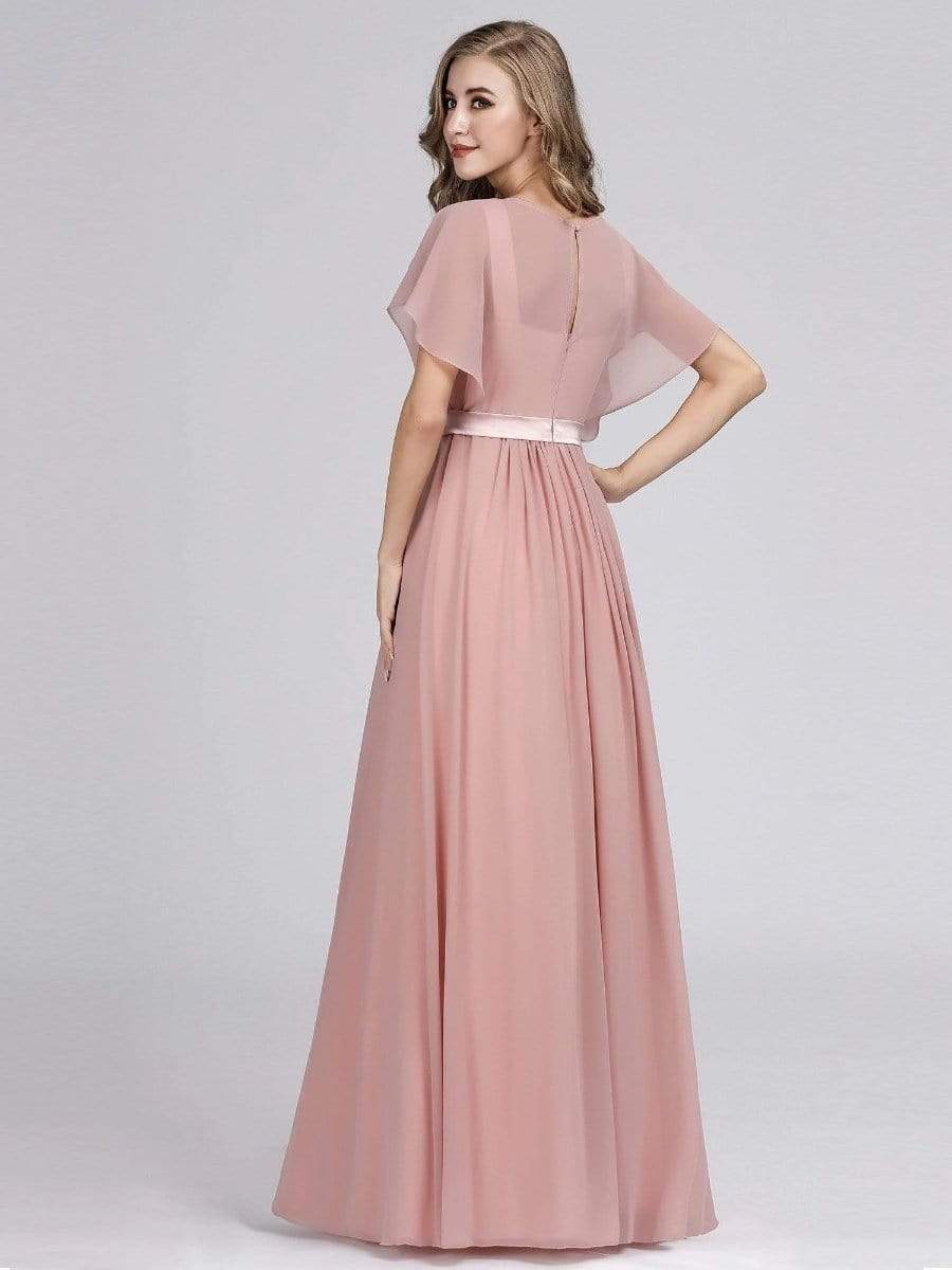 Color=Mauve | Long Flowy Evening Dress With V Neck-Mauve 3