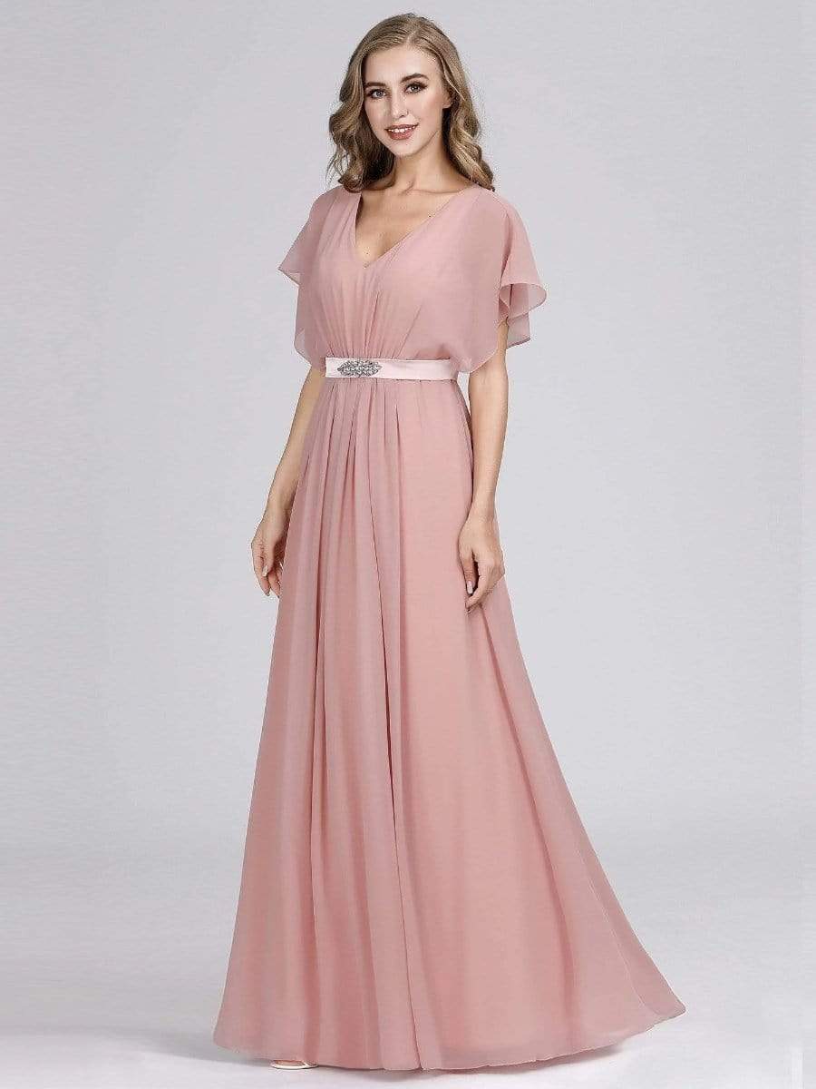 Color=Mauve | Long Flowy Evening Dress With V Neck-Mauve 4