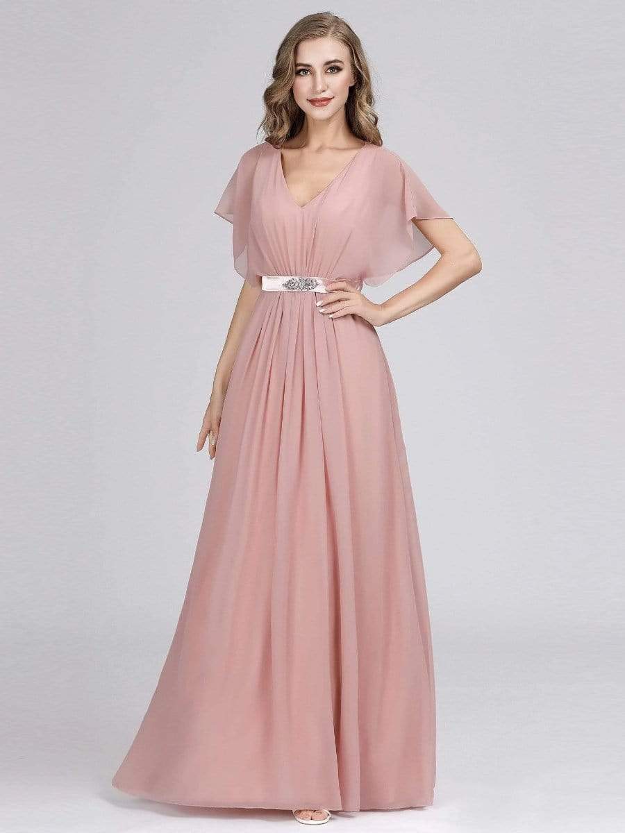 Color=Mauve | Long Flowy Evening Dress With V Neck-Mauve 2