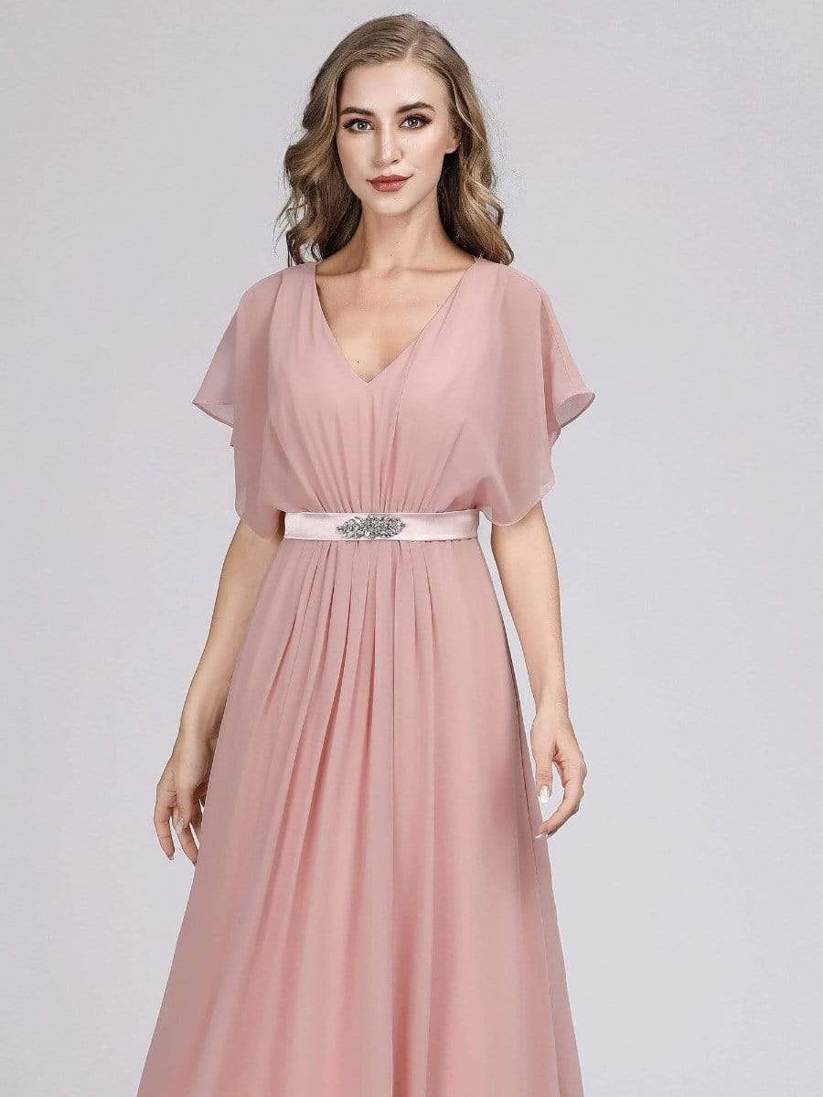 Color=Mauve | Long Flowy Evening Dress With V Neck-Mauve 5