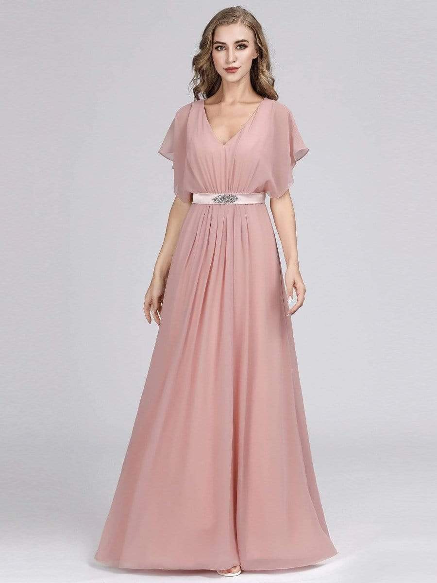 Color=Mauve | Long Flowy Evening Dress With V Neck-Mauve 1