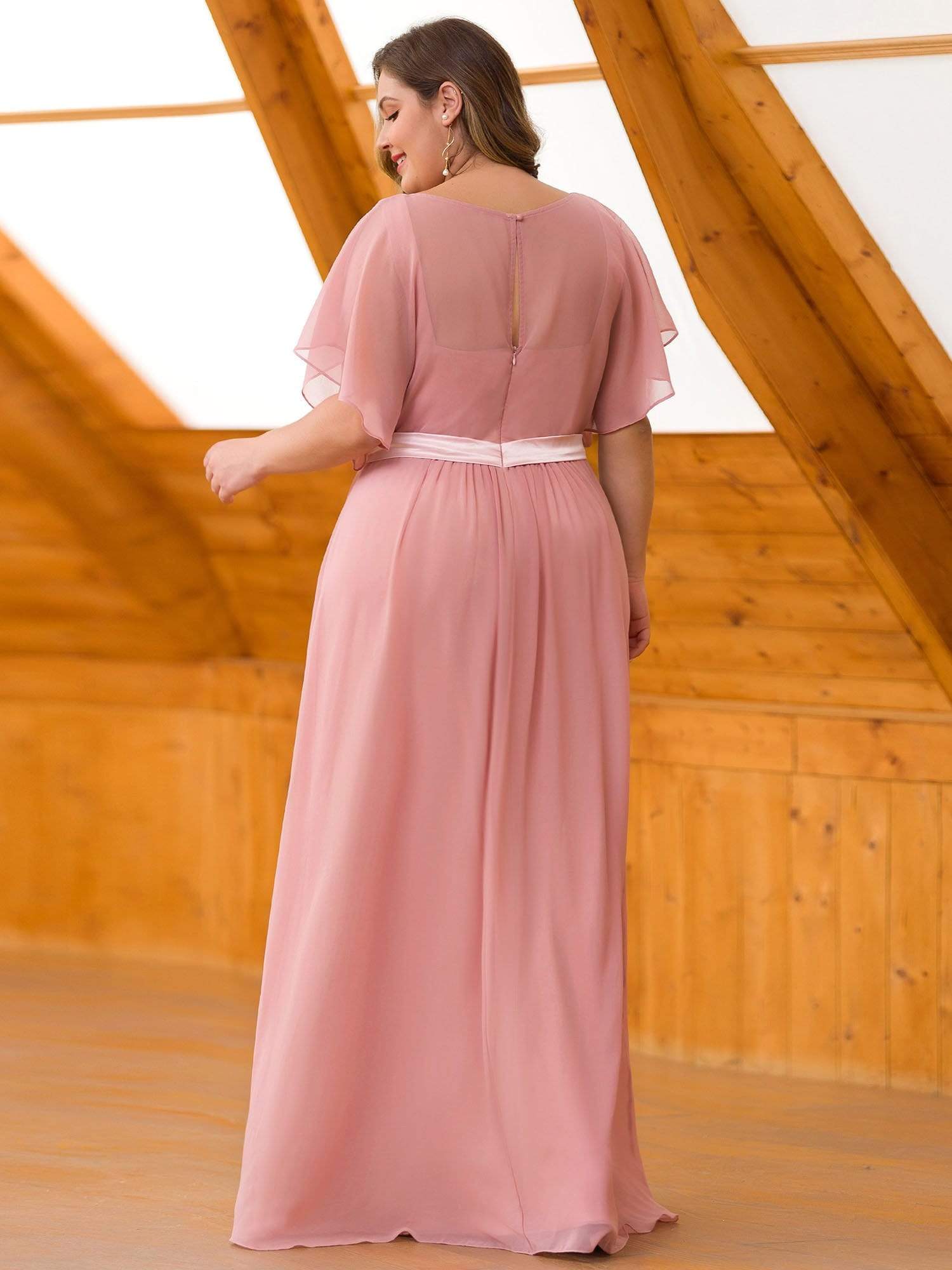 Color=Mauve | Plus Size Long Flowy Evening Dress With V Neck-Mauve 2