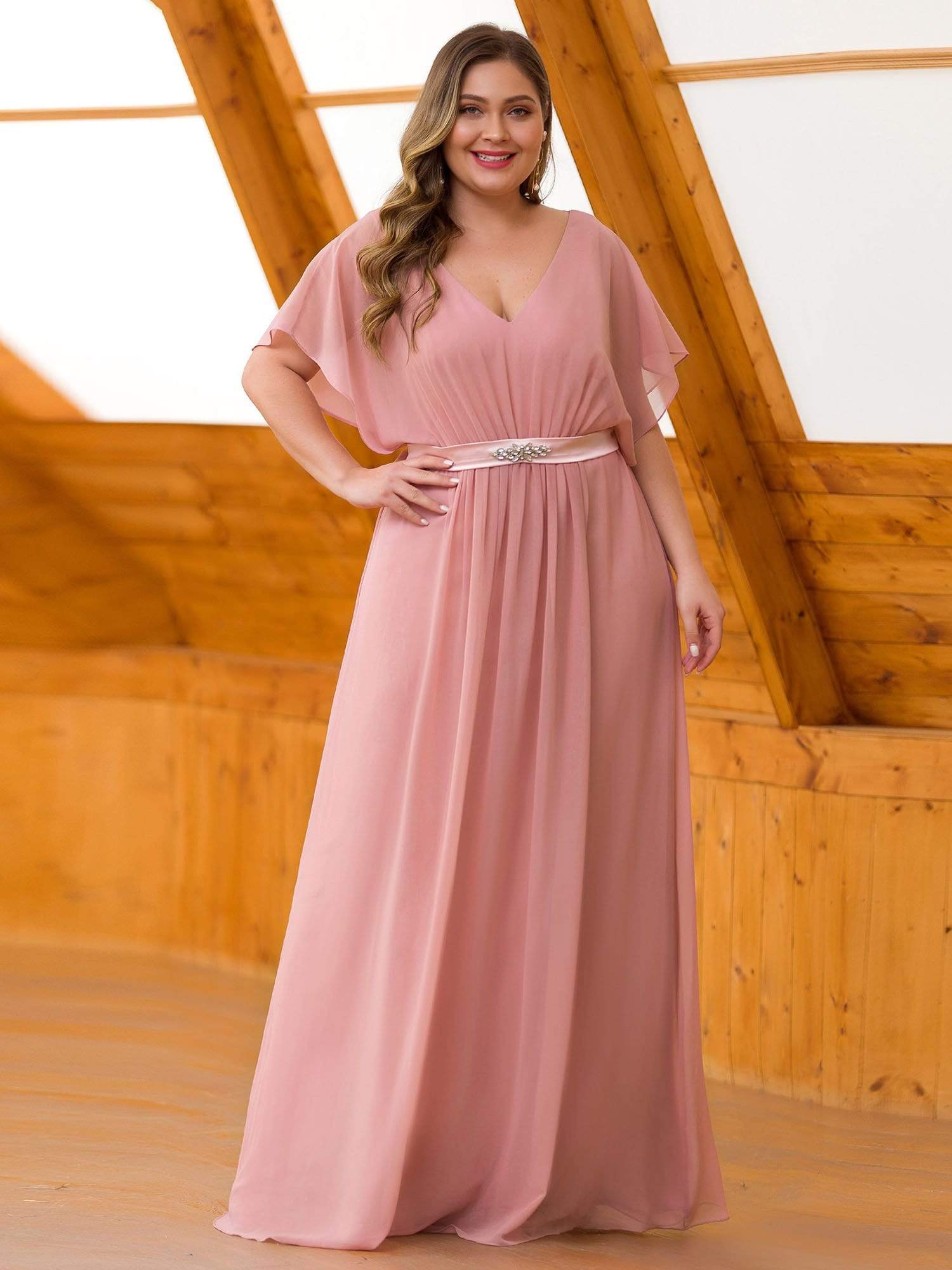 Color=Mauve | Plus Size Long Flowy Evening Dress With V Neck-Mauve 3