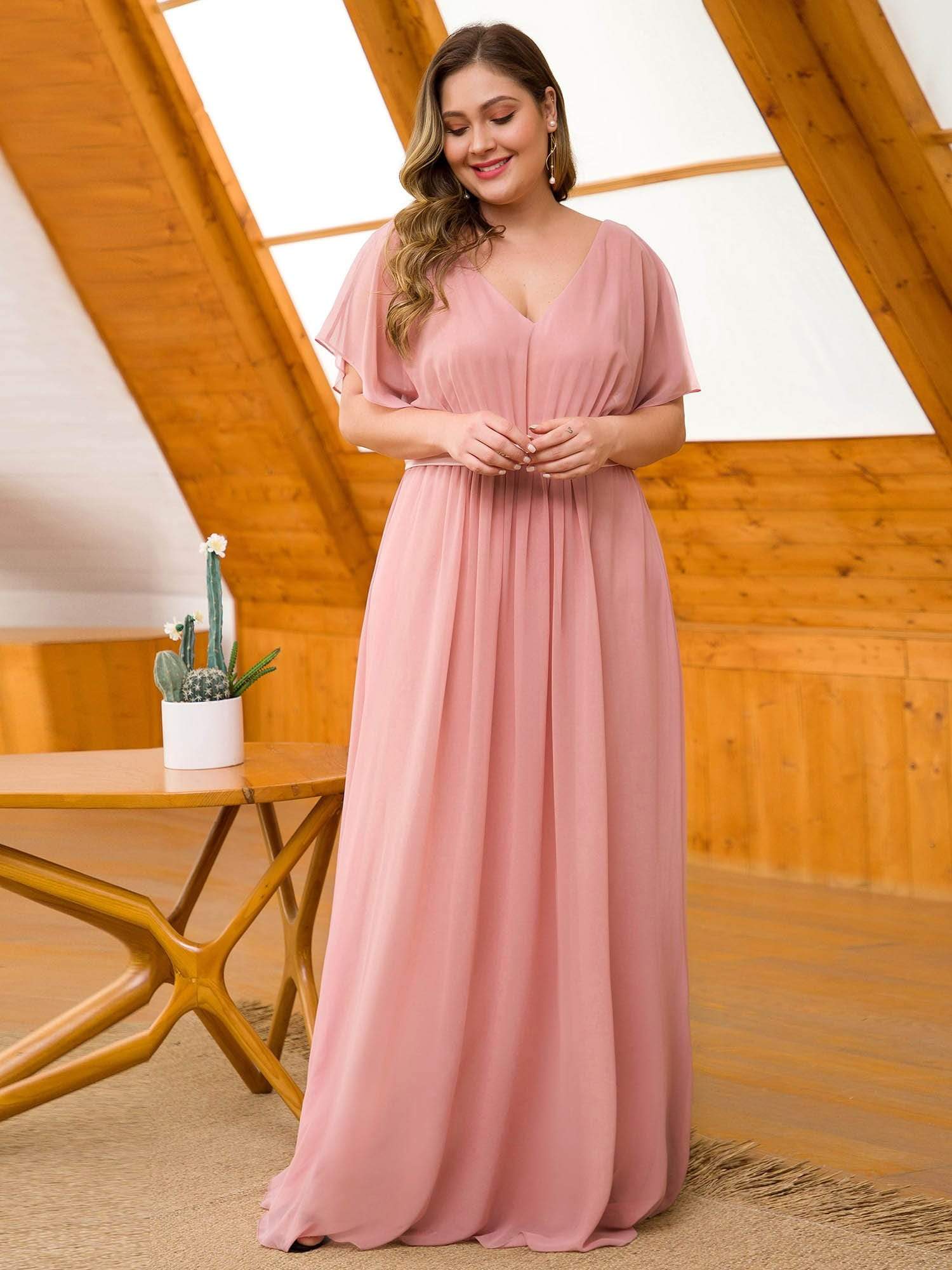 Color=Mauve | Plus Size Long Flowy Evening Dress With V Neck-Mauve 4