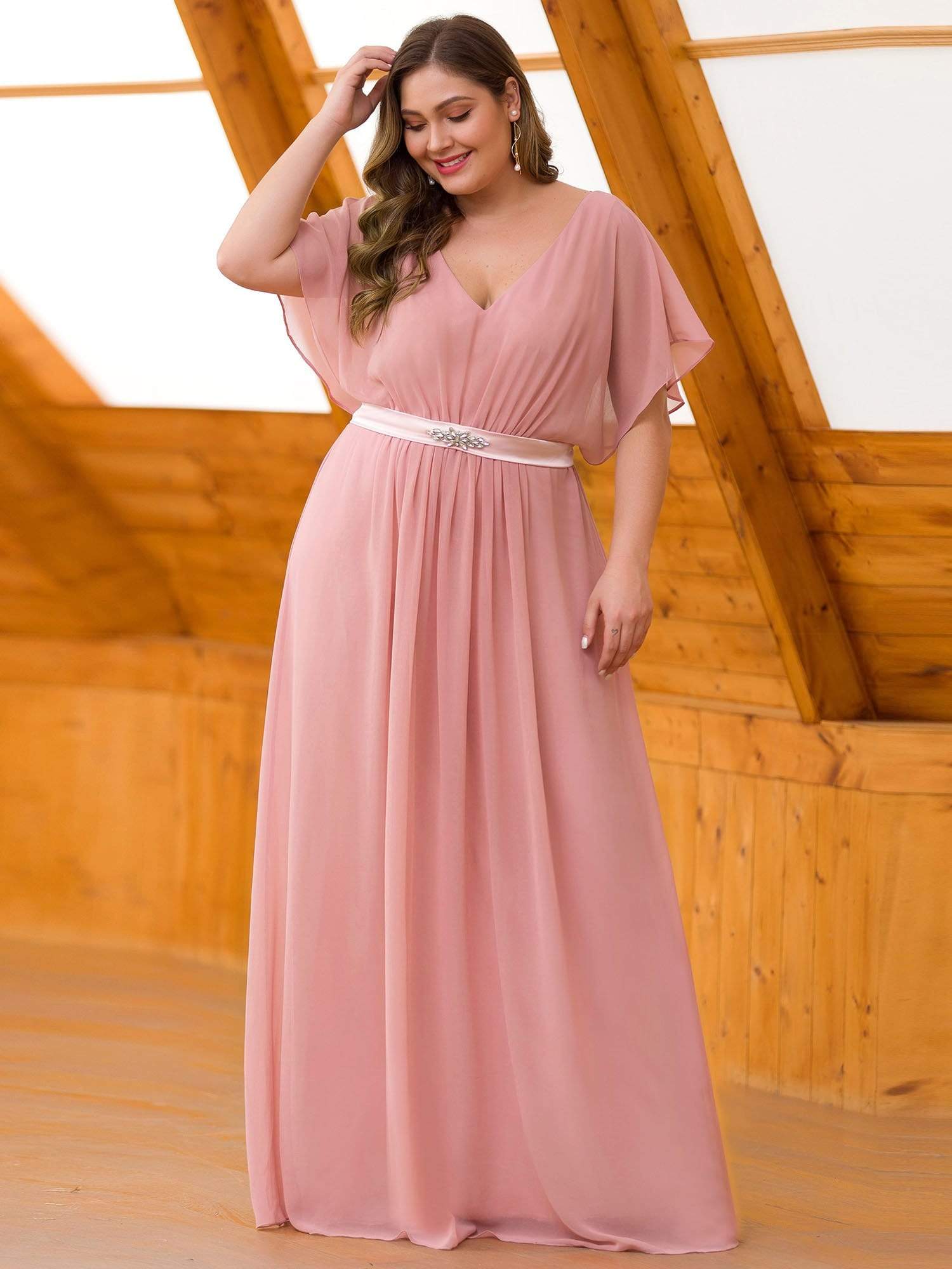 Color=Mauve | Plus Size Long Flowy Evening Dress With V Neck-Mauve 1