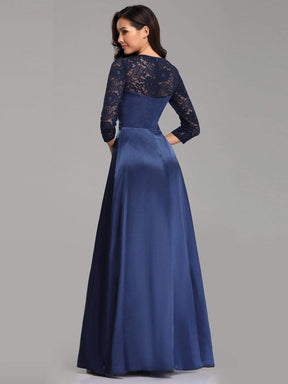 Color=Navy Blue | Lace Stitching Satin Evening Dress With Round Neck-Navy Blue 3