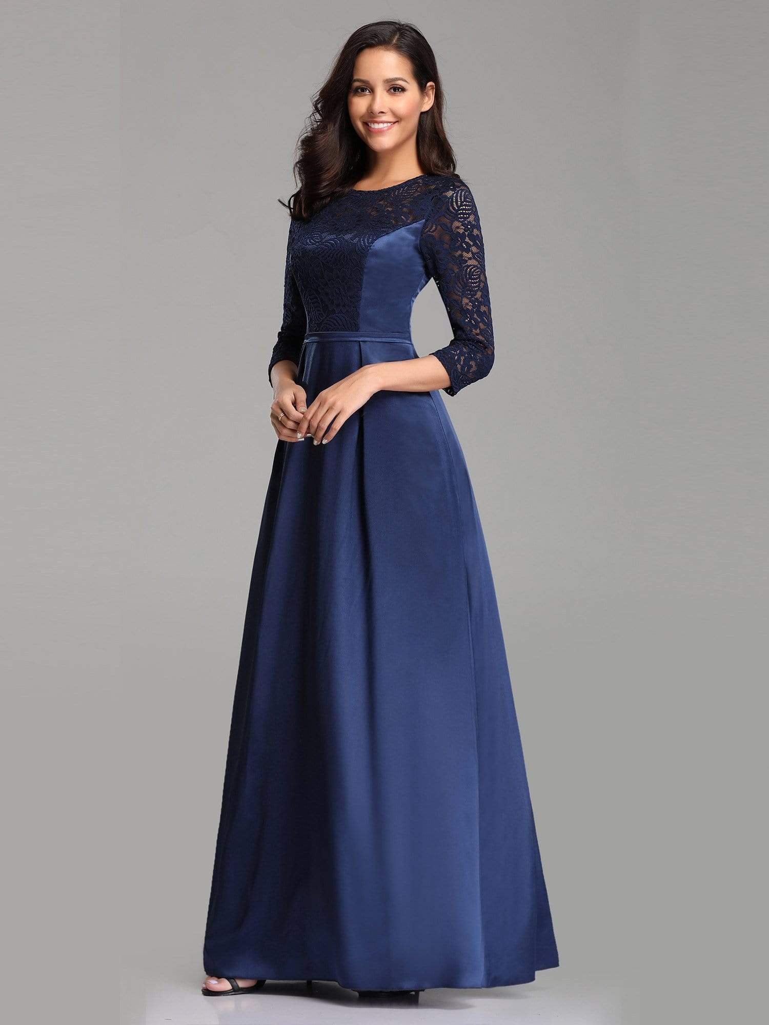 Color=Navy Blue | Lace Stitching Satin Evening Dress With Round Neck-Navy Blue 4