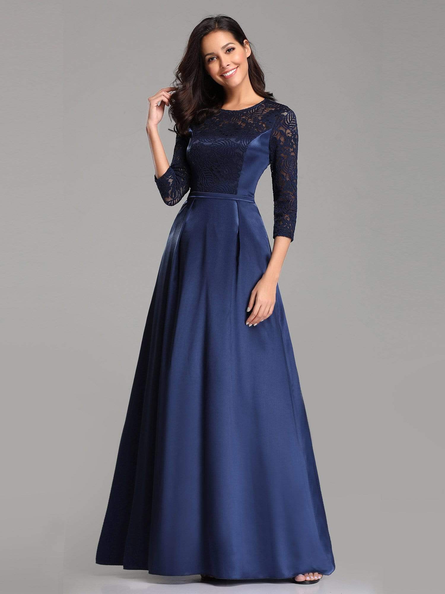 Color=Navy Blue | Lace Stitching Satin Evening Dress With Round Neck-Navy Blue 2