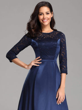 Color=Navy Blue | Lace Stitching Satin Evening Dress With Round Neck-Navy Blue 5