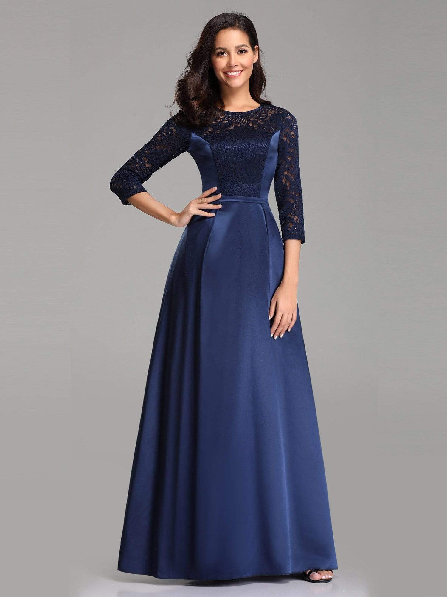 Color=Navy Blue | Lace Stitching Satin Evening Dress With Round Neck-Navy Blue 1