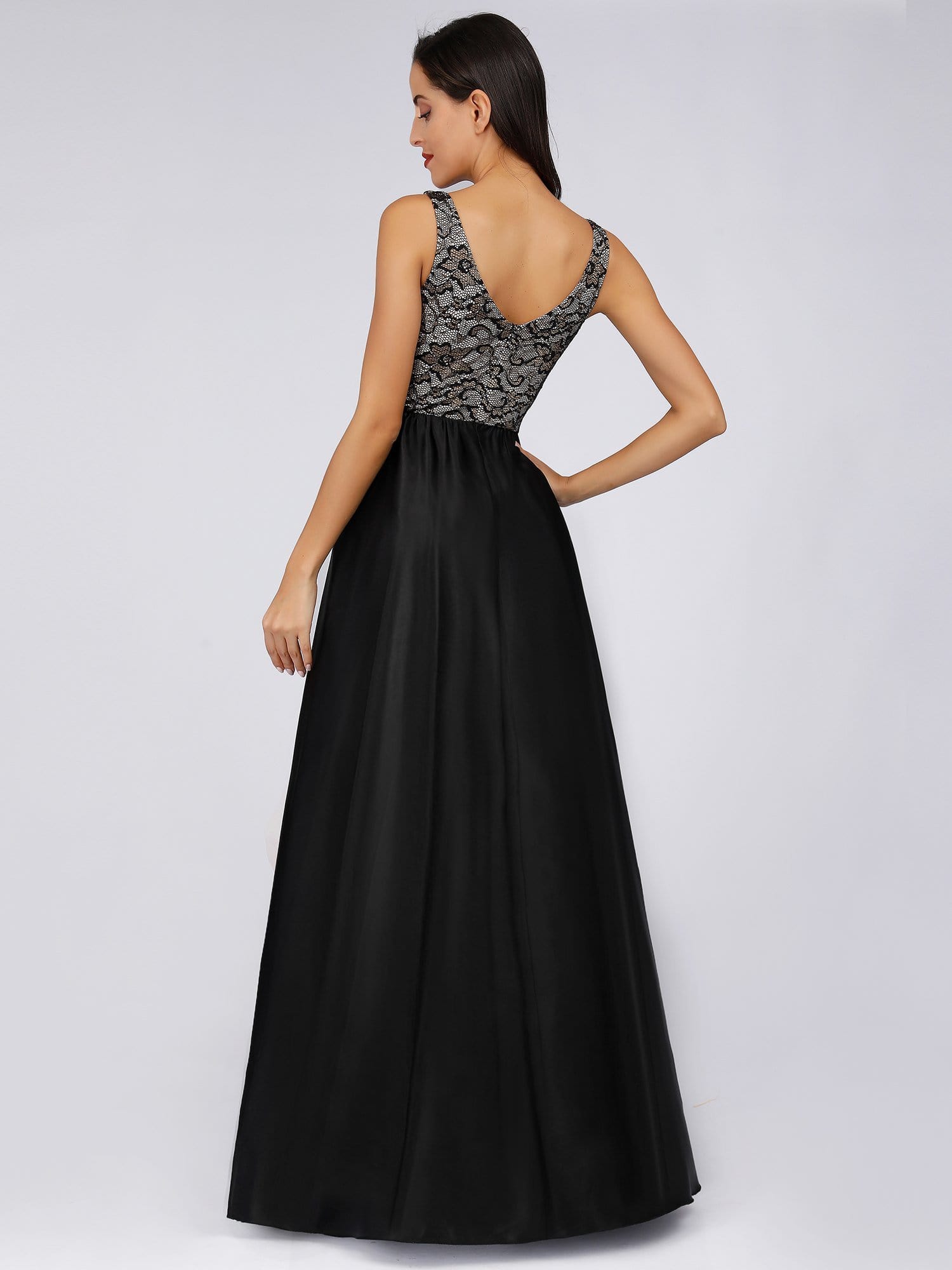 Color=Black | Long Floral Print Lace Women Evening Dresses-Black 2