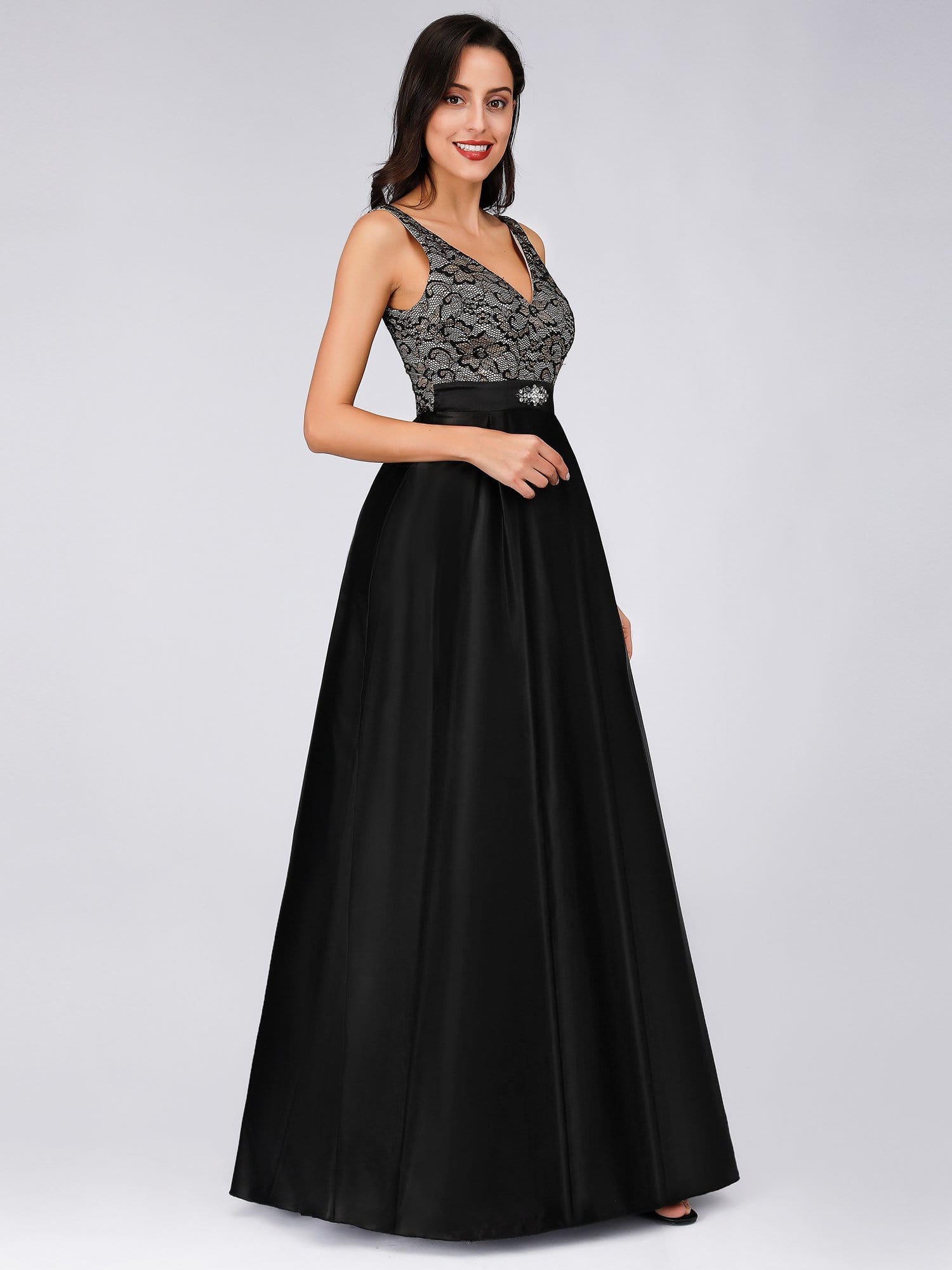 Color=Black | Long Floral Print Lace Women Evening Dresses-Black 3