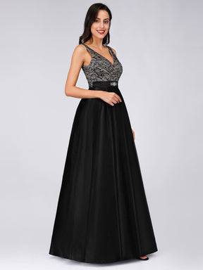 Color=Black | Long Floral Print Lace Women Evening Dresses-Black 3