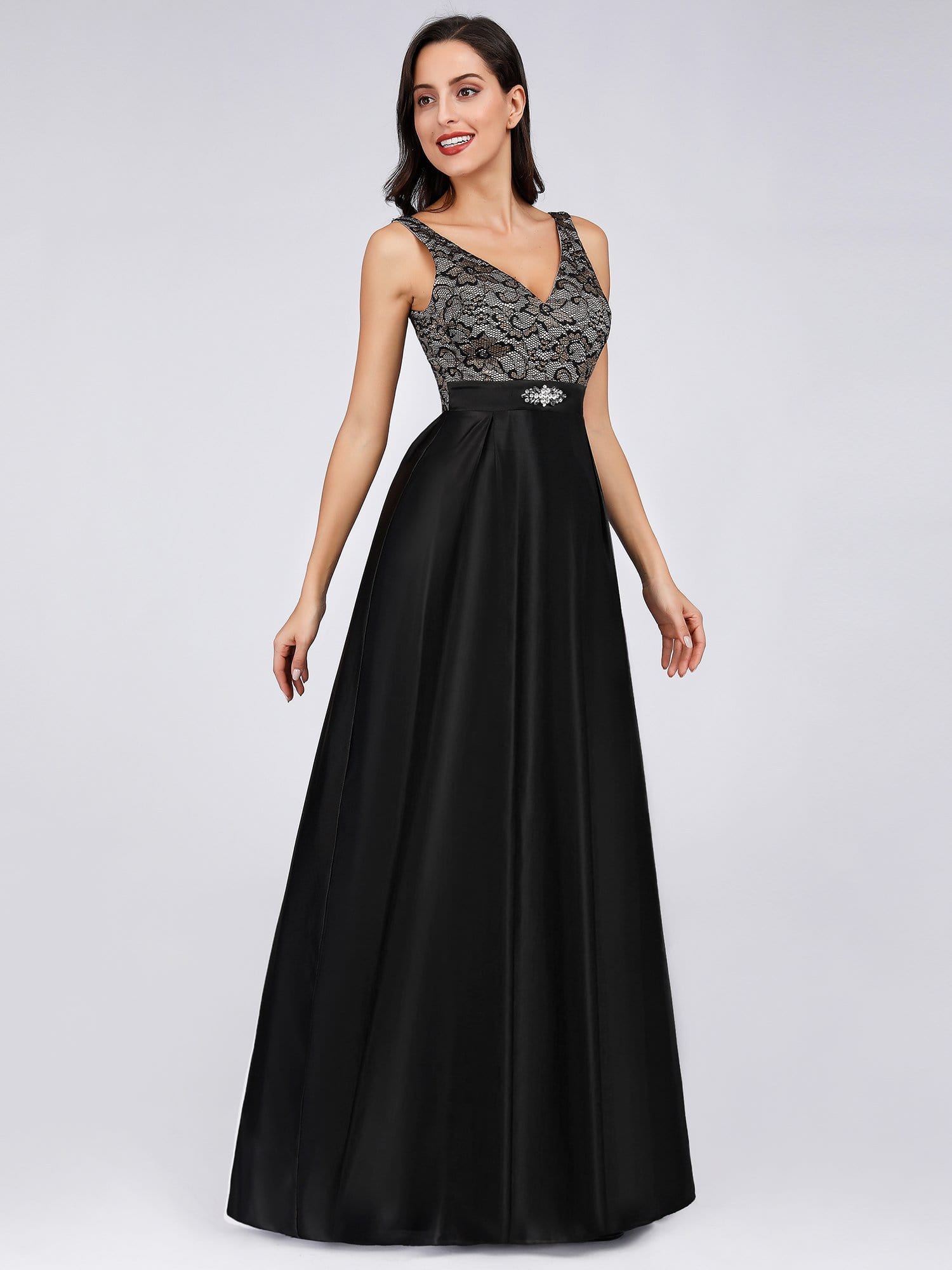 Color=Black | Long Floral Print Lace Women Evening Dresses-Black 4