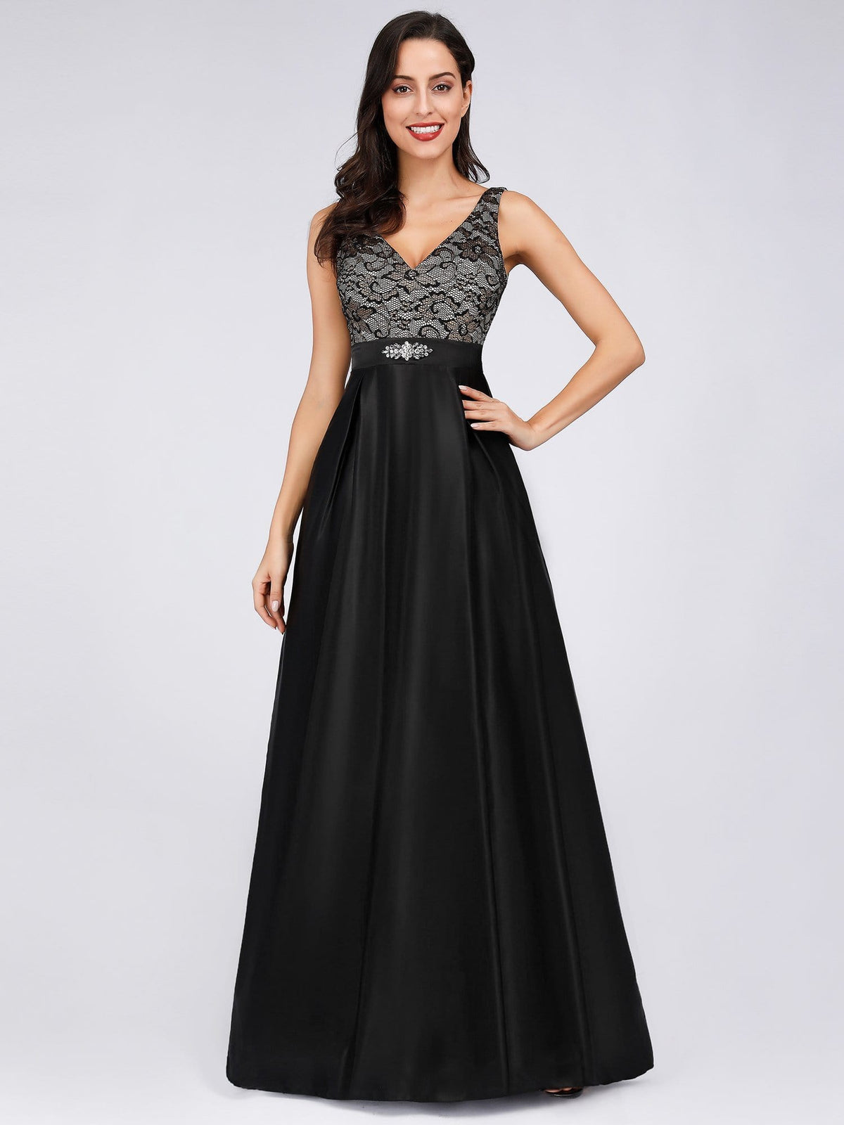 Color=Black | Long Floral Print Lace Women Evening Dresses-Black 1