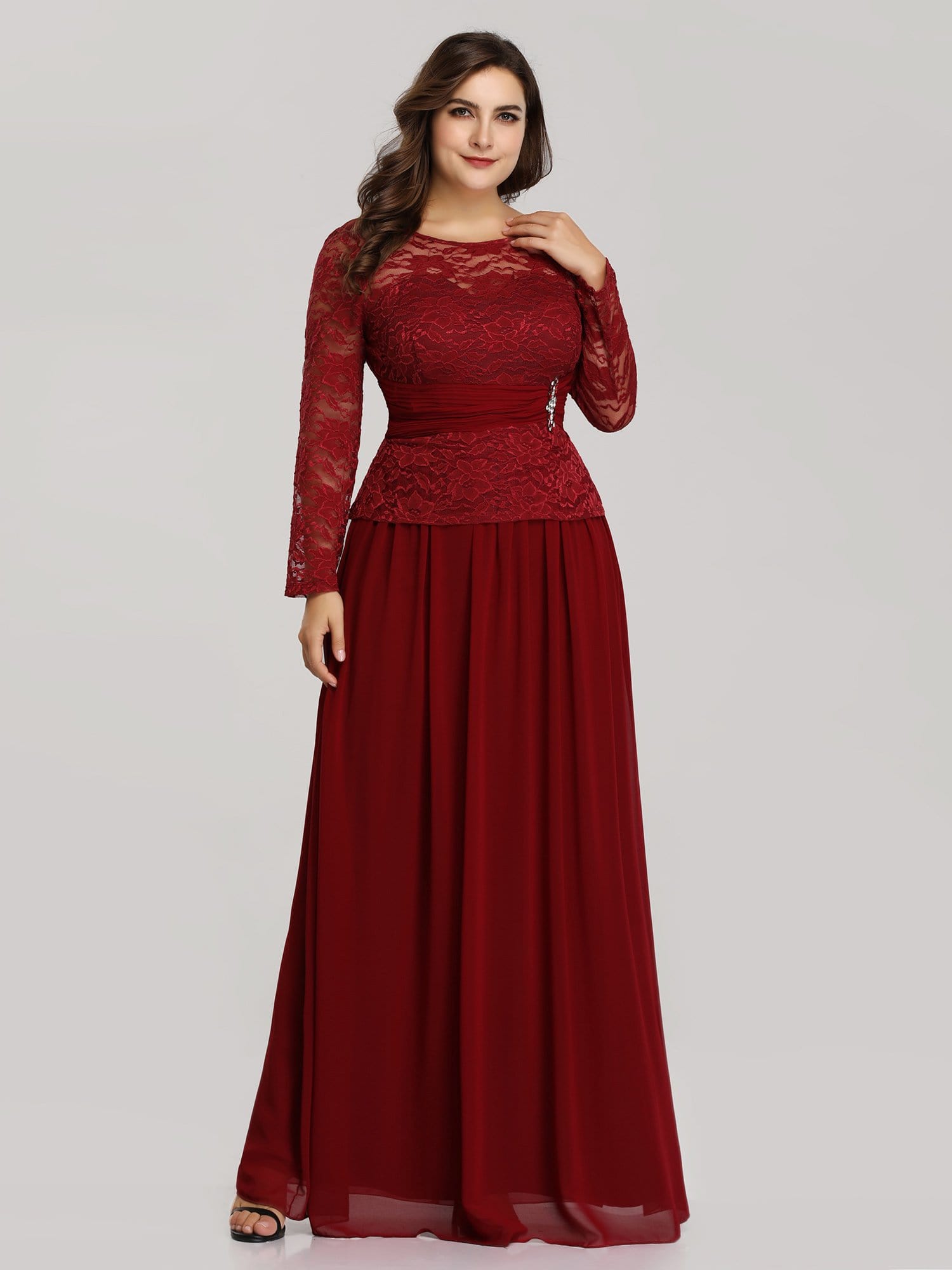 Color=Burgundy | Elegant A Line Long Sleeve Lace Evening Dress For Women-Burgundy 4