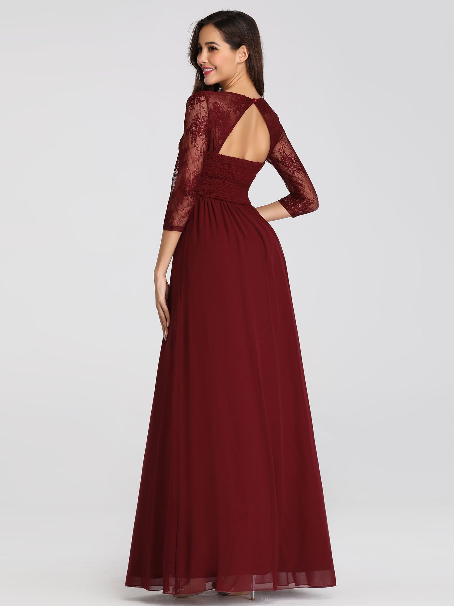 Color=Burgundy | V-Neck Bridesmaid Dress With Half Sleeves-Burgundy 5