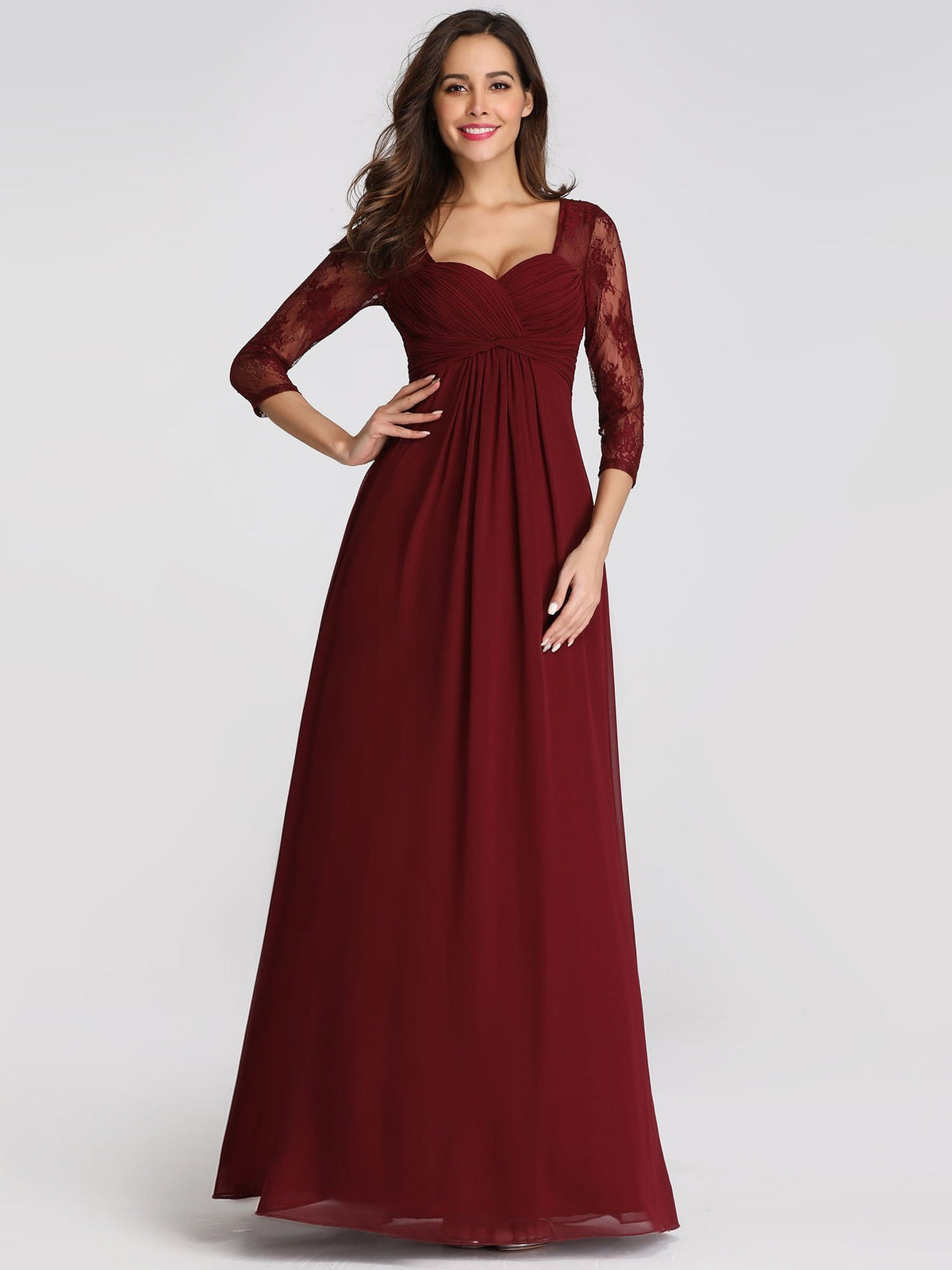 Color=Burgundy | V-Neck Bridesmaid Dress With Half Sleeves-Burgundy 1