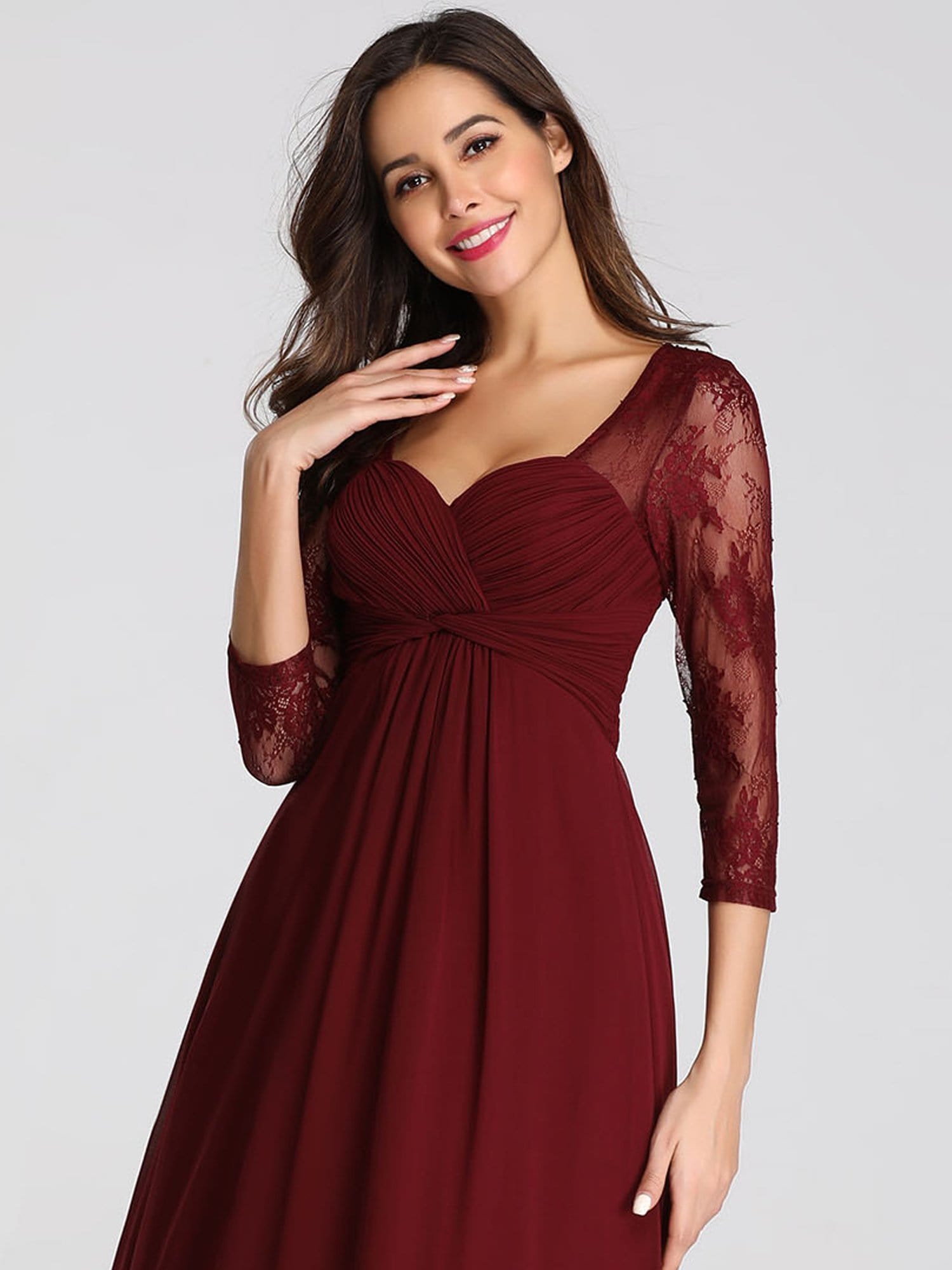 Color=Burgundy | V-Neck Bridesmaid Dress With Half Sleeves-Burgundy 3