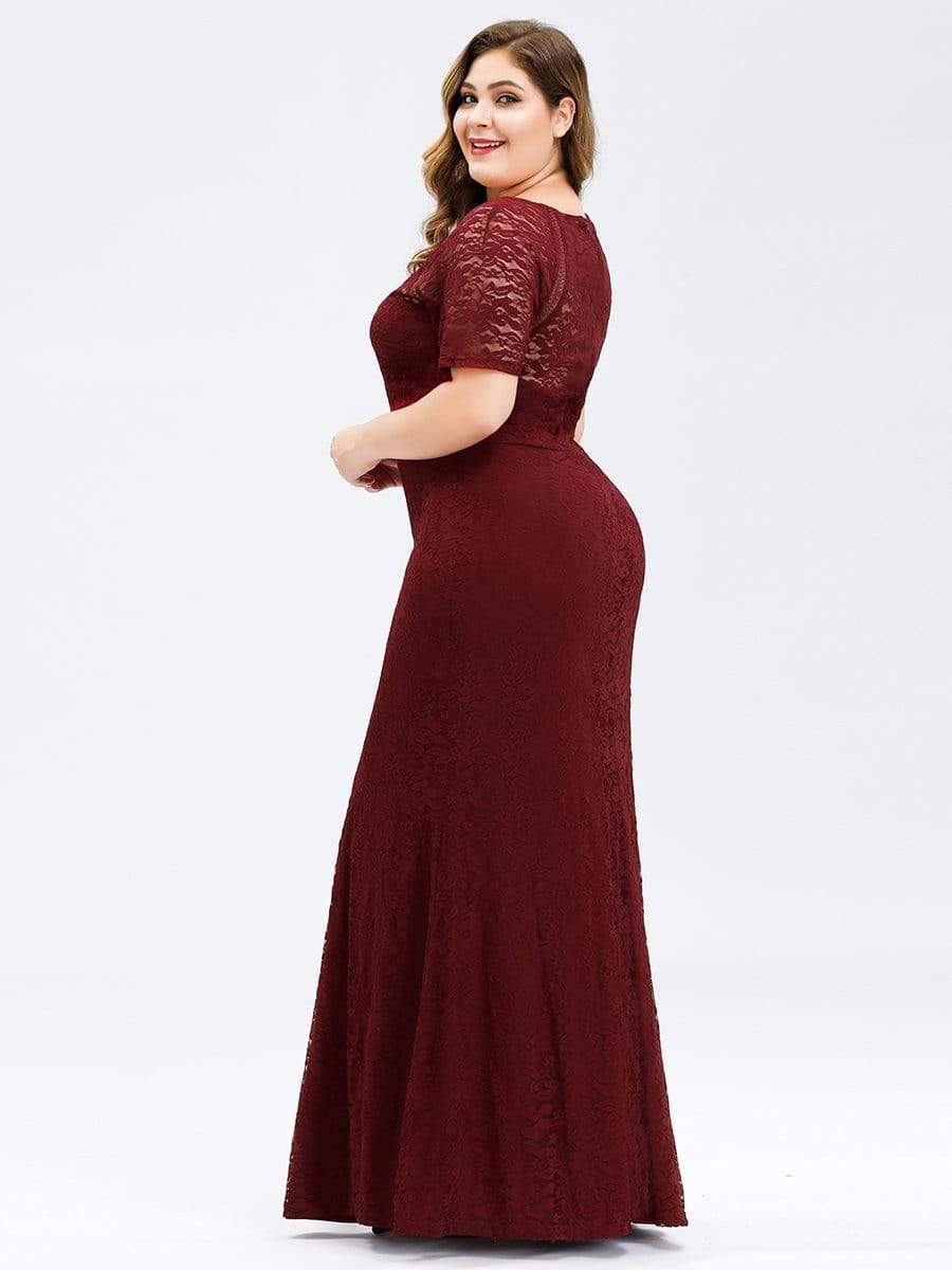 COLOR=Burgundy | Short Sleeve Long Burgundy Lace Evening Dress-Burgundy 7