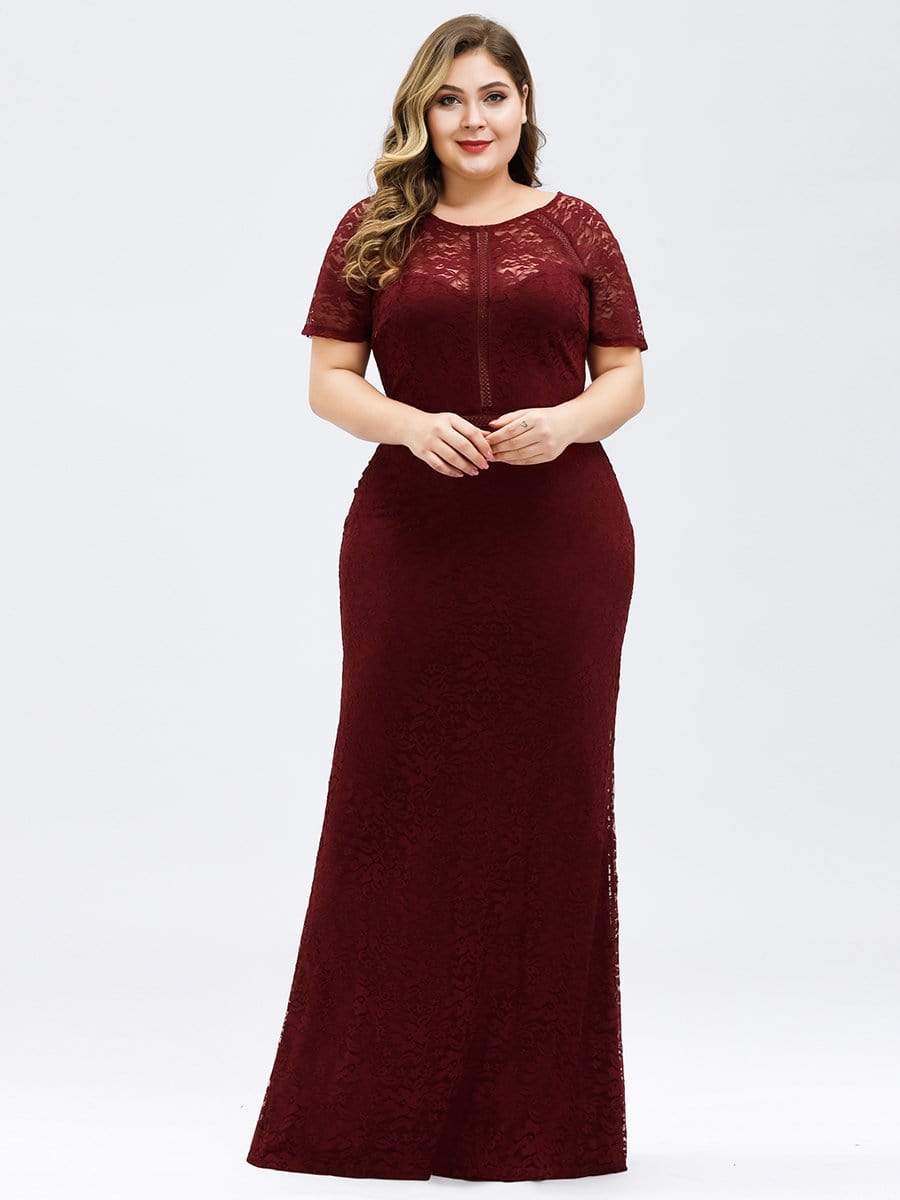 COLOR=Burgundy | Short Sleeve Long Burgundy Lace Evening Dress-Burgundy 8