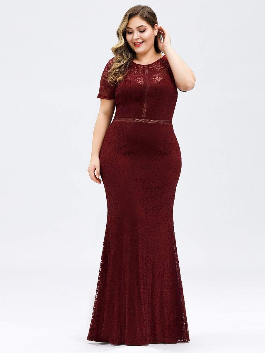 COLOR=Burgundy | Short Sleeve Long Burgundy Lace Evening Dress-Burgundy 9