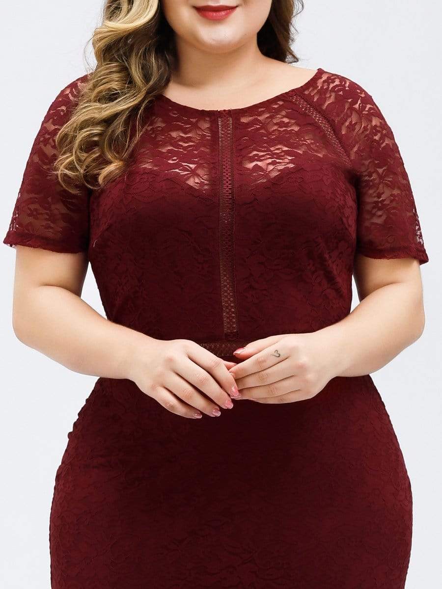 COLOR=Burgundy | Short Sleeve Long Burgundy Lace Evening Dress-Burgundy 10